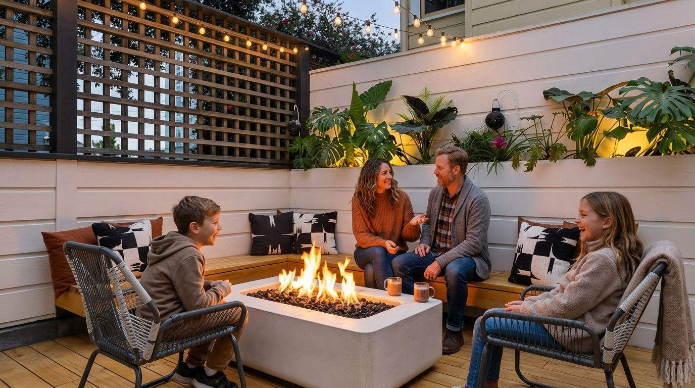 This inviting outdoor patio features a modern, minimalist design with a built-in wooden bench, a sleek concrete fire pit, and two contemporary woven chairs. The space is framed by a white horizontal-plank wall adorned with lush greenery and overhead string lights, creating a cozy and sophisticated atmosphere. The warm-toned wooden decking provides a clean, polished foundation, making it an ideal setting for relaxed evening gatherings.