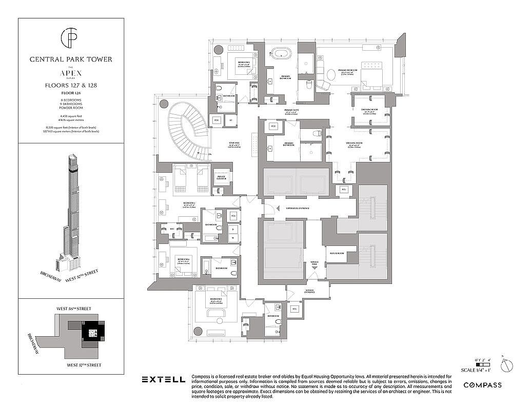This image is a detailed architectural floor plan for a luxury duplex penthouse at Central Park Tower, specifically covering floors 127 and 128. The layout showcases an expansive, high-end residential design featuring multiple bedrooms, bathrooms, a grand staircase, and dedicated service areas. The technical drawing provides a clear, top-down perspective of the sophisticated spatial arrangement and structural footprint of this ultra-luxury property.