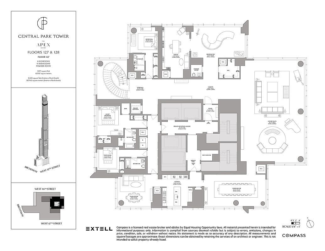 This image is a detailed architectural floor plan for the 127th floor of the Central Park Tower, showcasing a sprawling, high-end luxury layout. The plan includes a grand salon, multiple bedrooms with en-suite bathrooms, a library, a dining room, and a private reception gallery, all arranged with a focus on expansive, open-concept living. The perspective is a top-down, technical blueprint view, emphasizing the scale and sophisticated spatial organization of this ultra-luxury residence.