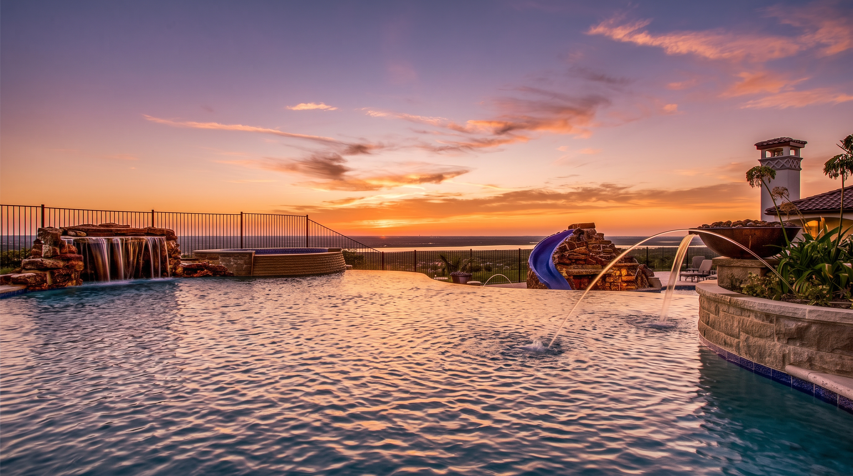 This stunning infinity-edge pool overlooks a vast landscape at sunset, featuring a natural stone waterfall and a built-in spa. A blue slide curves into the water, while a decorative fountain bowl adds an elegant touch to the poolside area. The scene captures a luxurious outdoor living space designed for relaxation and scenic enjoyment.