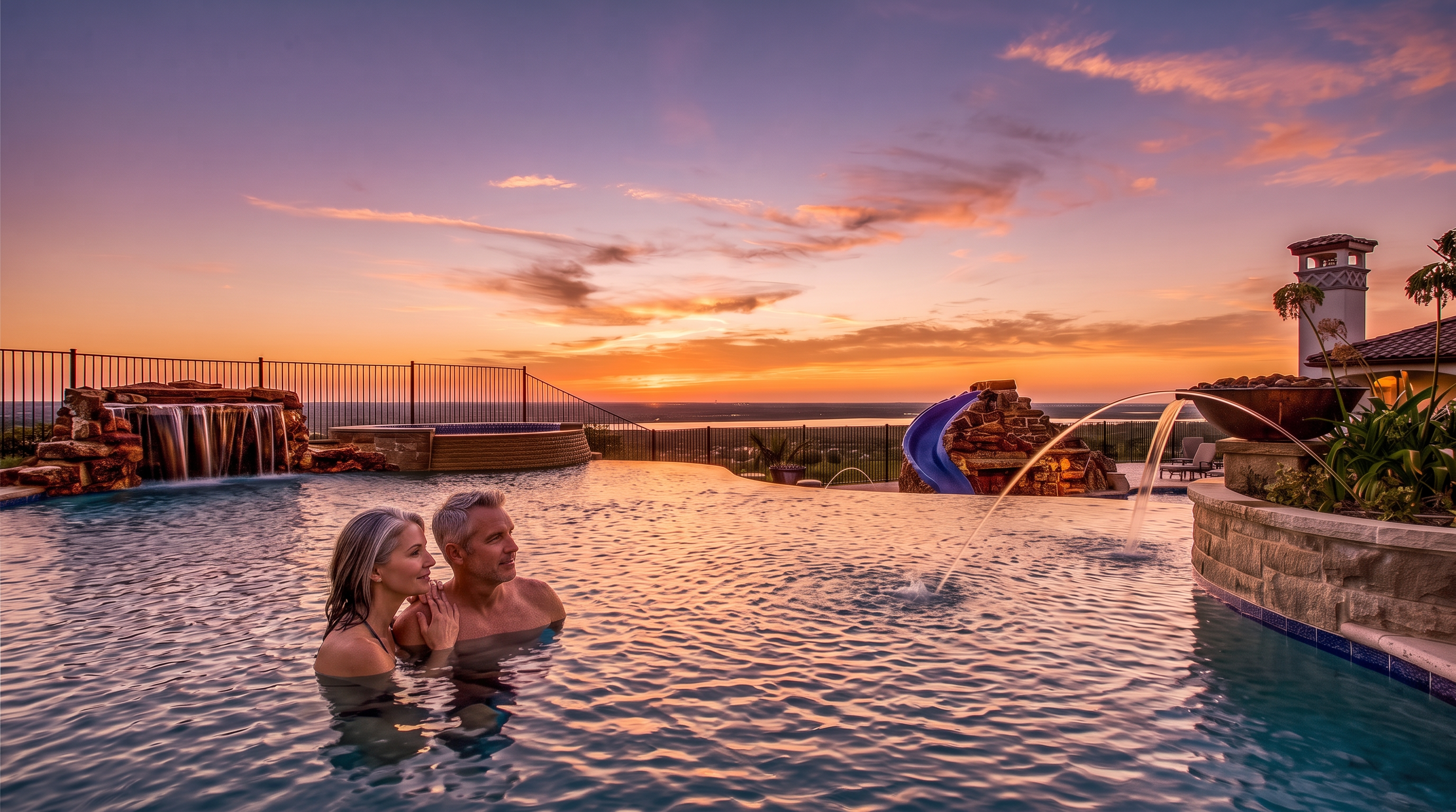 This stunning infinity-edge swimming pool captures a breathtaking sunset view, perfectly blending luxury with relaxation. Key features include a cascading rock waterfall, a integrated spa, a playful water slide, and a decorative fountain bowl, all designed to create a sophisticated backyard oasis. The setting is ideal for upscale living, emphasizing outdoor entertainment and scenic vistas.