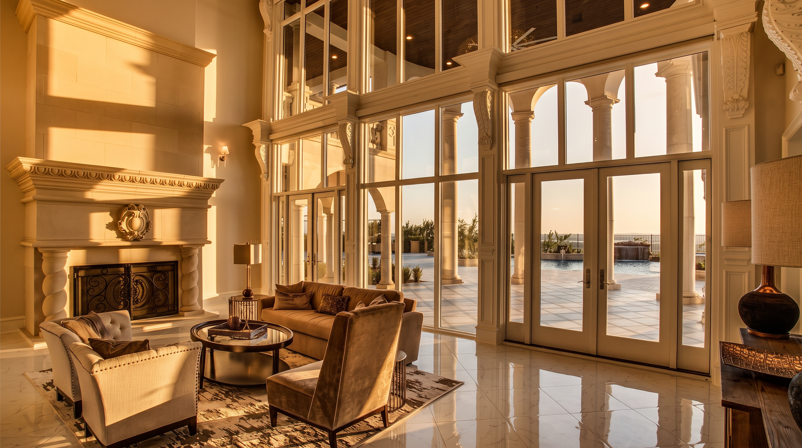 This expansive living room features a grand, light-toned stone fireplace with a decorative mantel as its focal point. The space is defined by massive, multi-pane windows that reach from the floor to the ceiling, offering a clear view of the outdoor pool and patio area. The room is furnished with a plush sofa, a pair of armchairs, and a circular coffee table, all arranged on a patterned area rug over a polished, light-colored tile floor.