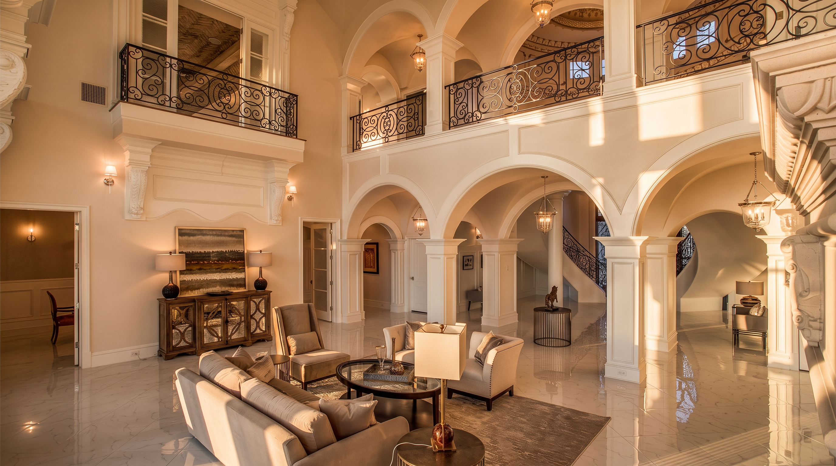 This grand, double-height living room features an open-concept design with polished stone flooring and elegant arched architectural details. The space is furnished with a neutral-toned sofa and armchairs arranged around a central coffee table, complemented by a tall lamp and a mirrored console table. A sweeping mezzanine with intricate metal railings overlooks the area, creating a sophisticated and airy atmosphere typical of a luxury estate.