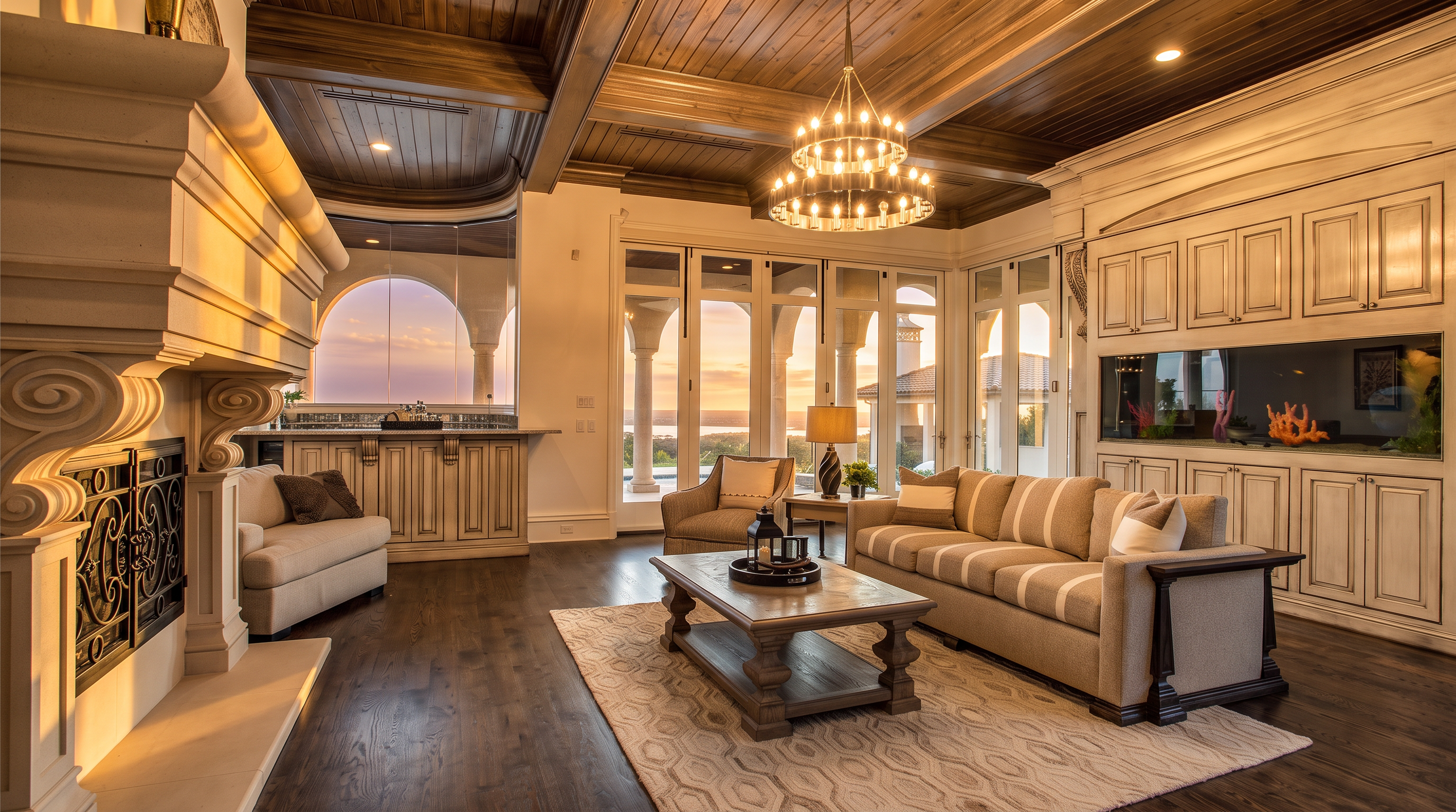 This elegant living room features a rich, dark wood-paneled ceiling with exposed beams and a large, ornate chandelier as the centerpiece. The space is anchored by a neutral-toned sofa and armchair set atop a textured area rug, with a built-in cabinetry unit housing a large aquarium. Tall glass doors provide an expansive view of the outdoor landscape, creating a bright and sophisticated atmosphere.