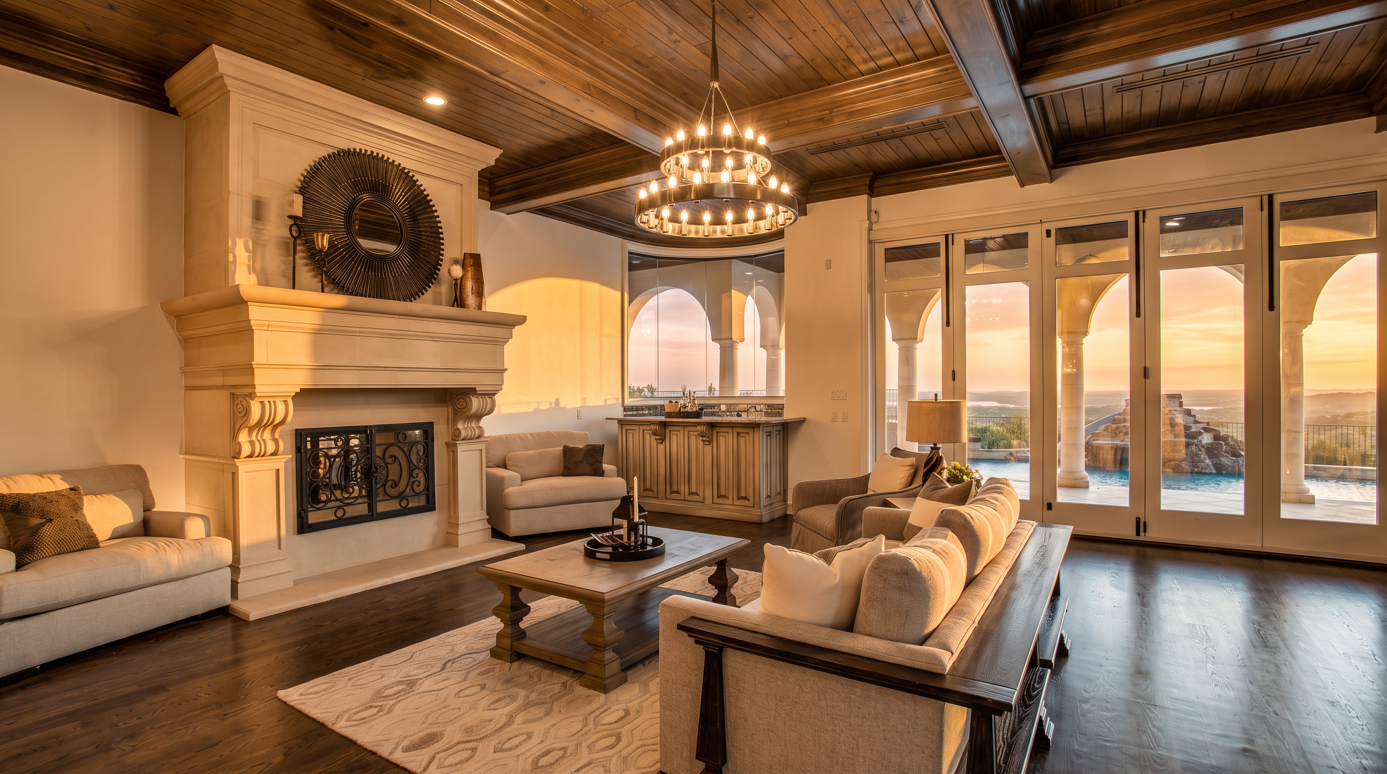 This elegant living room features a prominent stone fireplace surround and a coffered wood-paneled ceiling with a large chandelier. The space is furnished with plush, neutral-toned seating arranged around a central coffee table, all resting on a patterned area rug atop dark wood flooring. Large glass doors open to a view of an outdoor pool area, creating a seamless transition between the sophisticated interior and the exterior landscape.