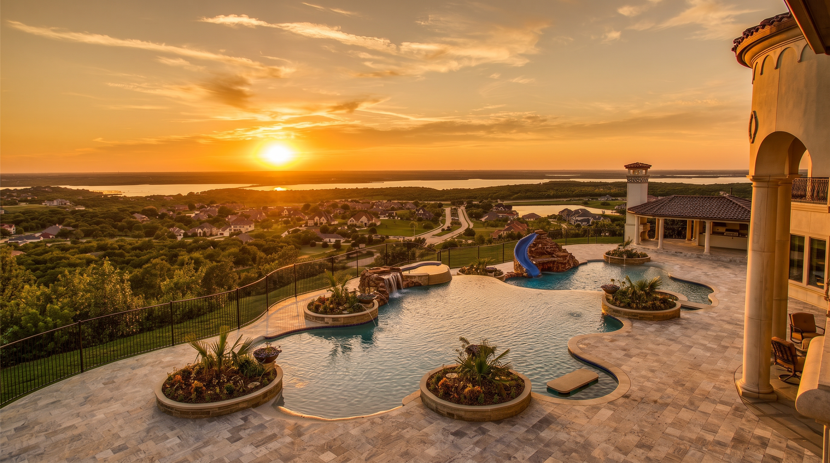 This stunning elevated view captures a luxurious infinity-edge pool and spa complex overlooking a sprawling landscape at sunset. The pool area features integrated stone planters, a blue water slide, and a covered outdoor living space with a kitchen, all set against a backdrop of a vibrant horizon and rolling hills. The expansive stone-paved patio provides a seamless transition between the high-end outdoor amenities and the panoramic vista.
