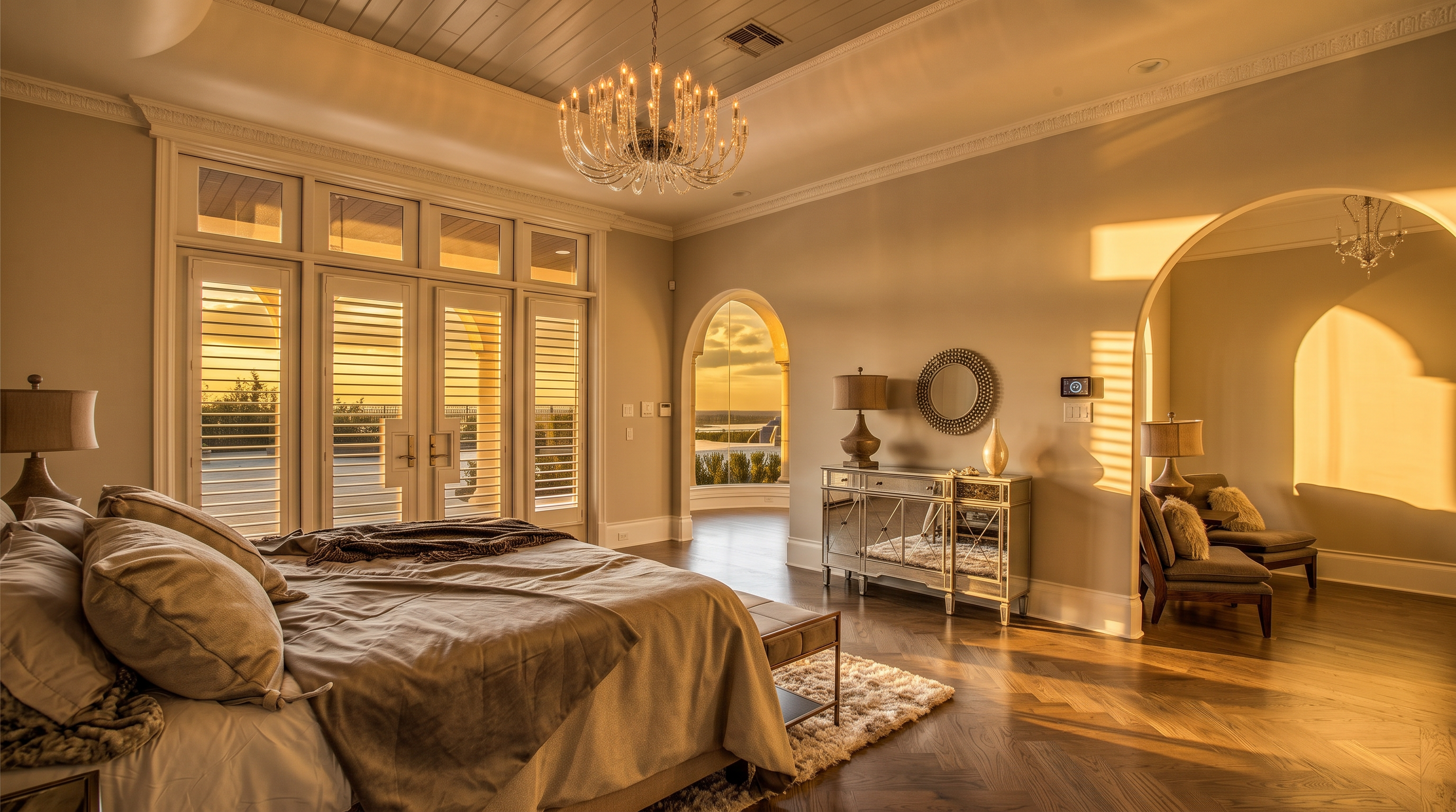 This luxurious primary bedroom features a sophisticated neutral palette, herringbone-patterned wood flooring, and a coffered ceiling with a grand crystal chandelier. A large bed with plush bedding sits prominently in the foreground, while a mirrored console table and an arched entryway leading to a secondary seating area add to the room's elegant, spacious feel. Tall windows with shutters provide a view of the outdoors, and the overall aesthetic is one of refined, high-end comfort.