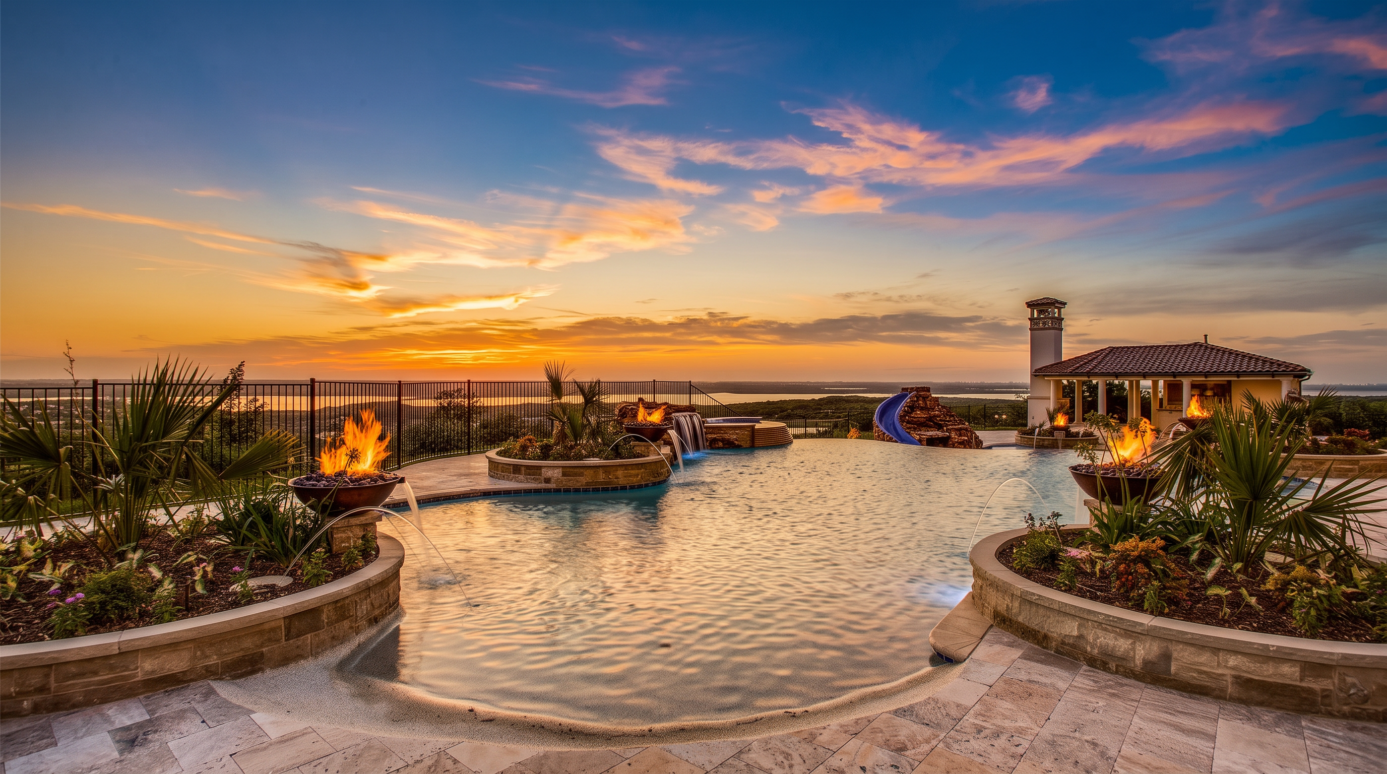 This stunning infinity-edge pool serves as the centerpiece of a luxurious outdoor living space, perfectly positioned to capture a vibrant sunset over a distant landscape. The pool features integrated fire bowls, a rock-accented water feature, and a blue slide, all set against a backdrop of a covered pavilion and a wrought-iron fence. The scene is captured from a low, cinematic angle that emphasizes the seamless transition between the water's edge and the horizon.