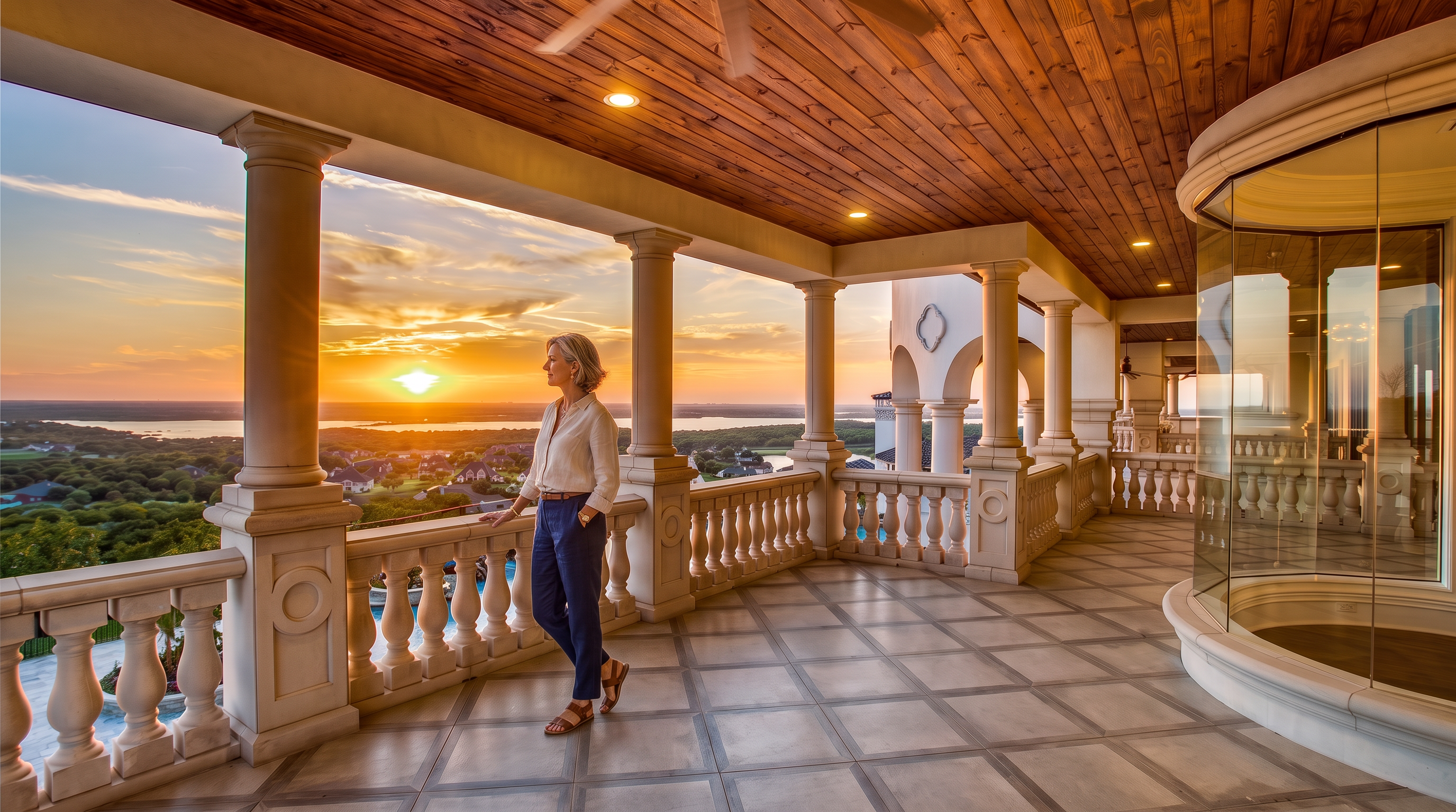 This expansive covered balcony offers a luxurious outdoor living space with a panoramic sunset view over a sprawling landscape and distant water. The area features a warm wood-paneled ceiling with a central fan, classic stone balustrades, and patterned tile flooring. A curved glass wall provides a seamless transition to the interior, creating an elegant and sophisticated atmosphere perfect for evening relaxation.