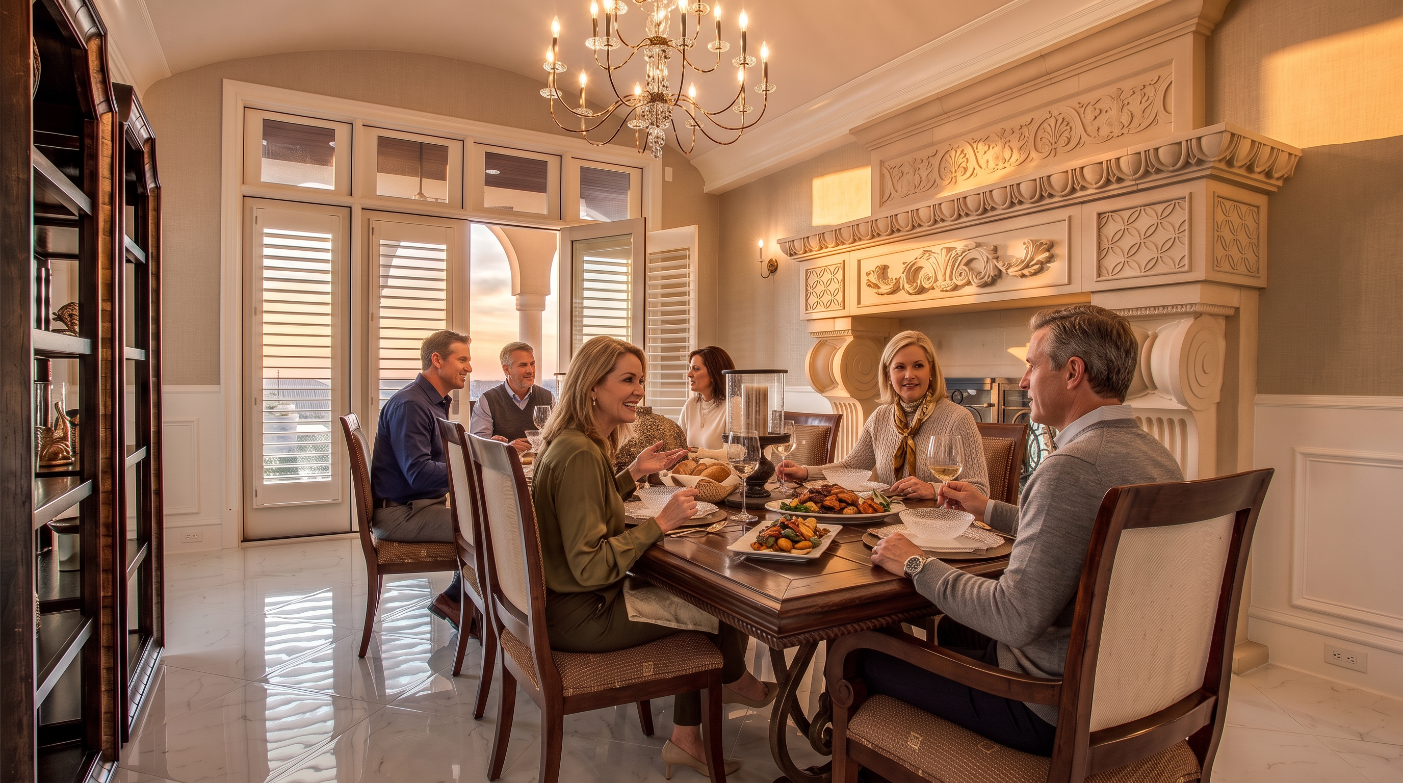 This elegant dining room features a large, dark wood table surrounded by upholstered chairs, set beneath a classic crystal chandelier. A prominent, ornate stone fireplace surround serves as a focal point on the wall, while a tall, dark wood display cabinet stands to the left. The room is finished with light-colored, large-format tile flooring and a wall of tall windows with white shutters that allow natural light to fill the space.