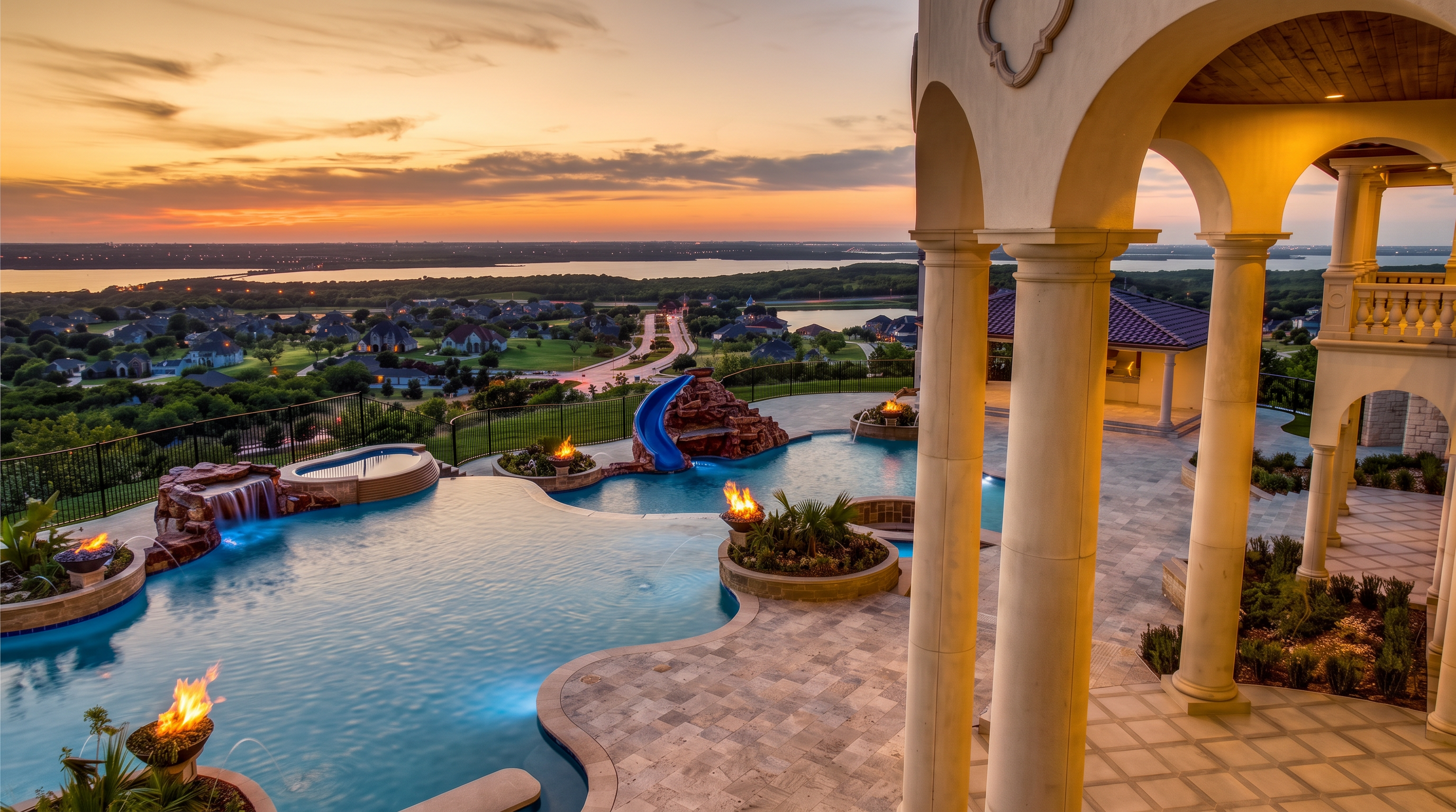 This breathtaking infinity-edge pool and spa setup features custom fire bowls, a stone slide, and integrated waterfalls, all set against a stunning panoramic sunset view. The expansive stone patio under a stately arched colonnade provides an elegant transition from the indoor luxury to the outdoor oasis. The scene highlights high-end resort-style living with meticulous attention to lighting and landscape design.