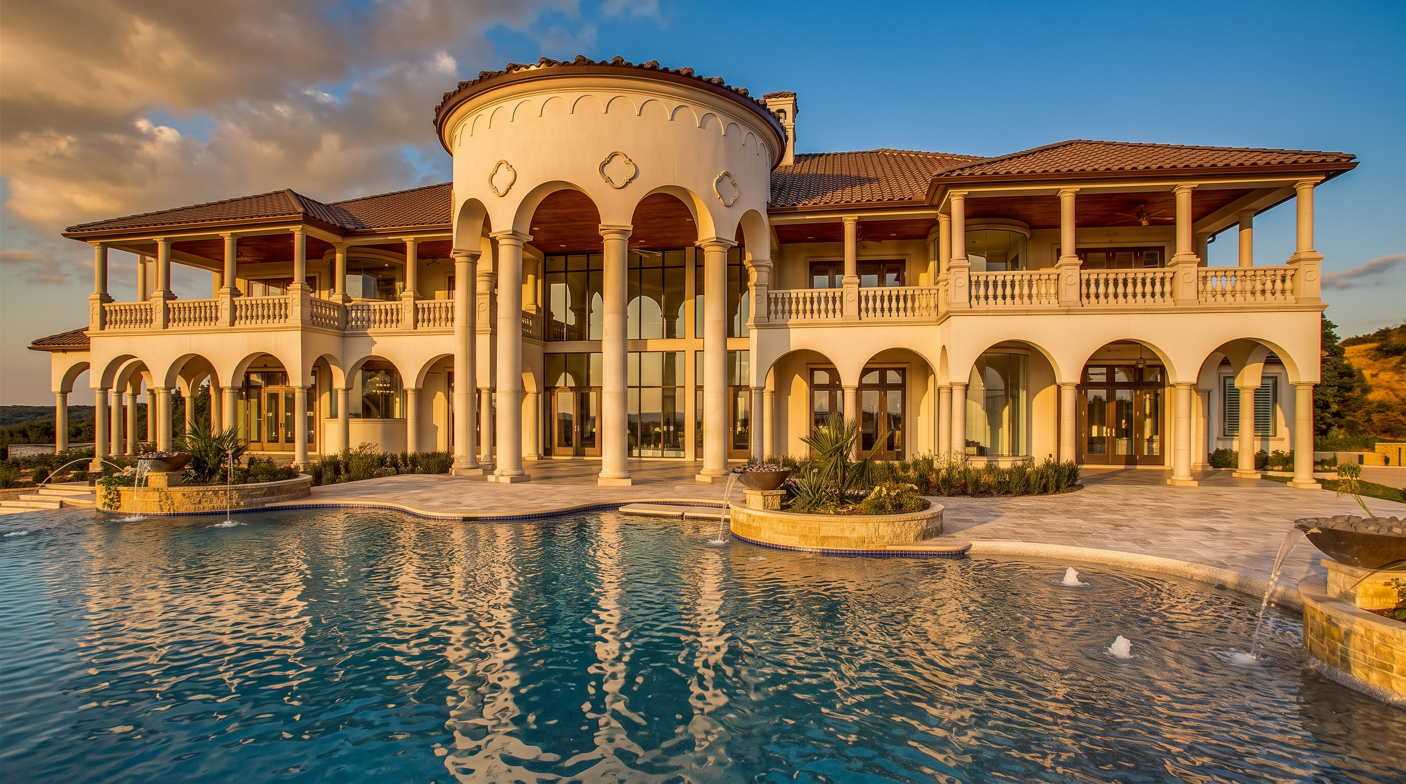 This expansive Mediterranean-style estate features a grand rear facade with a prominent central rotunda, arched loggias, and multiple balconies. A large, custom-shaped swimming pool with integrated water features and stone-clad planters occupies the foreground, creating a seamless transition between the architecture and the outdoor living space. The scene is captured from a low, cinematic angle that emphasizes the home's impressive scale and luxurious resort-like atmosphere under a clear blue sky.