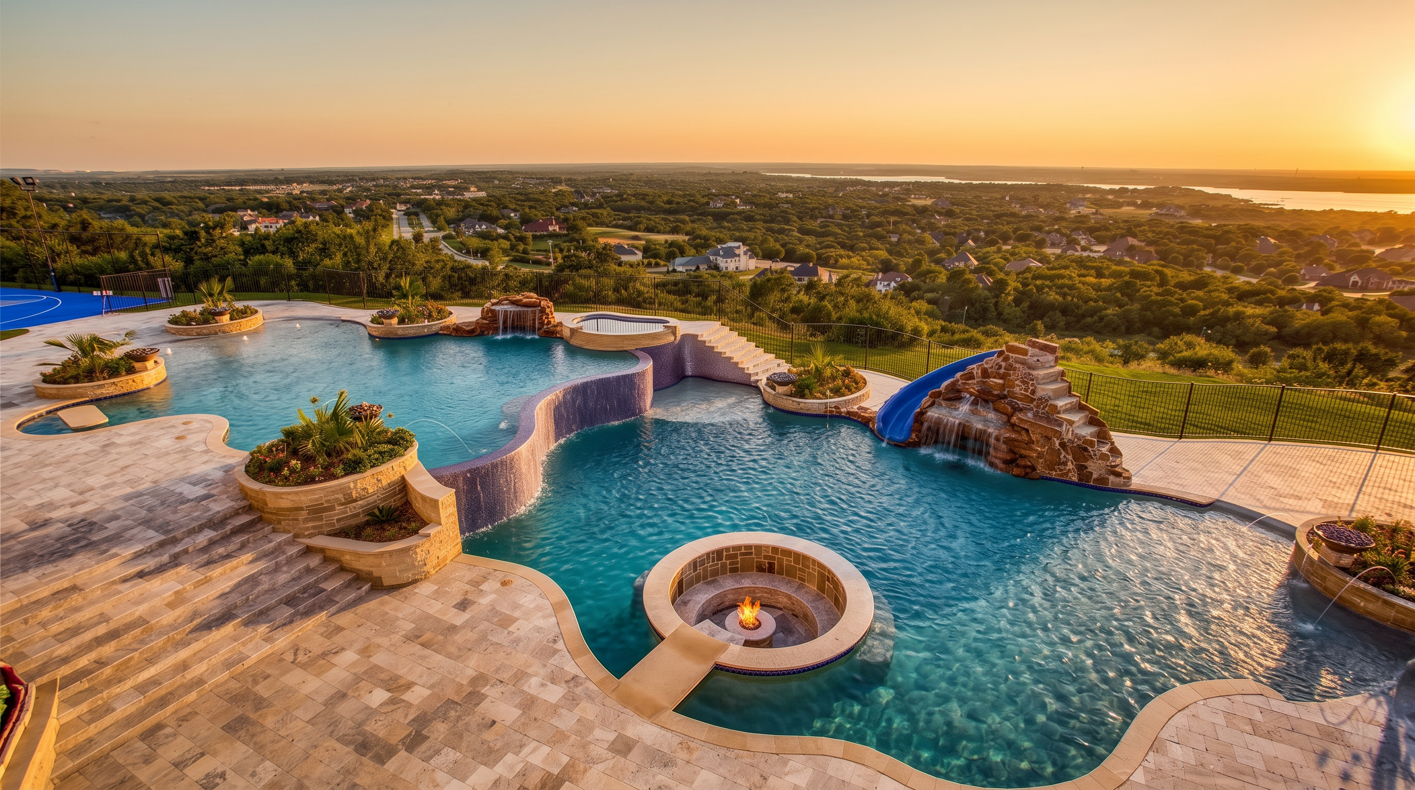 This expansive luxury backyard features a multi-level infinity-edge pool with integrated rock waterfalls, a slide, and a central sunken fire pit area accessible by a stone walkway. The pool deck is paved with light-toned stone tiles, and the entire area overlooks a vast, scenic landscape of rolling hills and distant water. The perspective is elevated, capturing the grandeur of the resort-style outdoor living space against a clear blue sky.