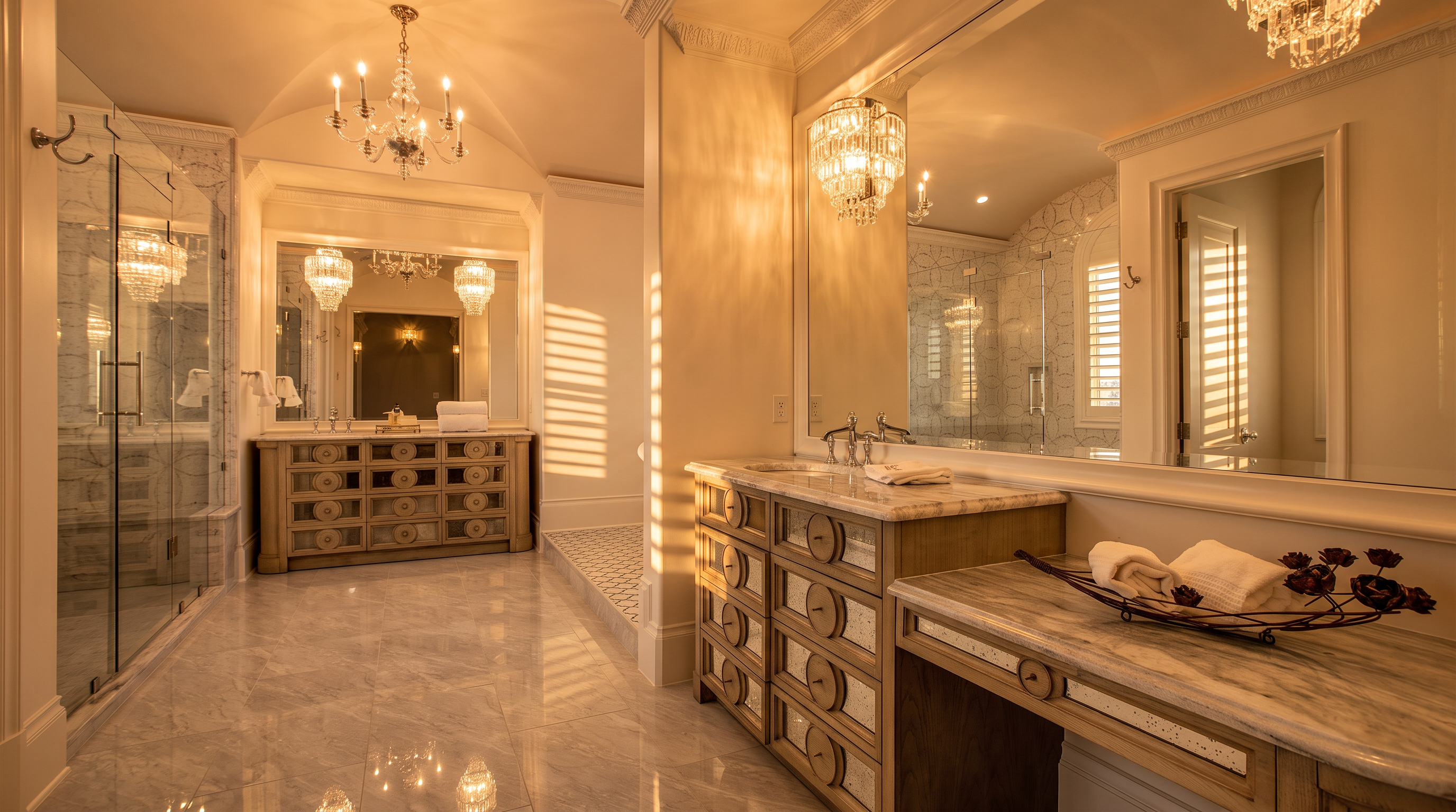 This luxurious primary bathroom features dual vanities with mirrored cabinet fronts and stone countertops, illuminated by elegant crystal chandeliers. The space is finished with polished stone flooring and a glass-enclosed shower, creating a bright and sophisticated atmosphere. The perspective captures the expansive layout, highlighting the symmetrical design and high-end finishes throughout the room.