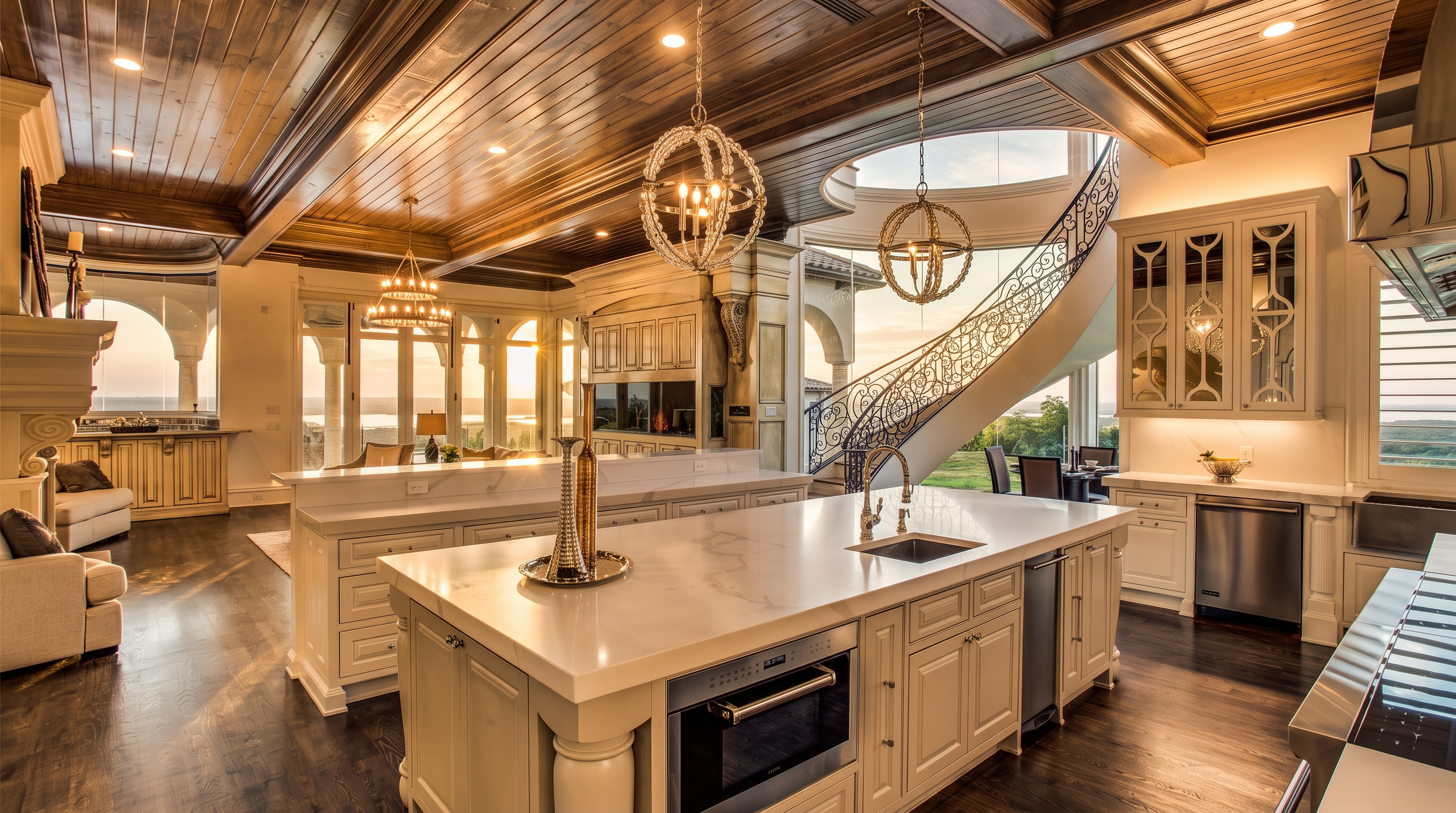 This expansive, high-end kitchen features a large central island with a stone countertop and integrated appliances, set against a backdrop of dark wood-paneled ceilings and white cabinetry. A grand, curved staircase with intricate metal railings serves as a dramatic architectural focal point, leading the eye toward large windows that offer scenic outdoor views. The space is illuminated by elegant spherical pendant lights, creating a sophisticated and airy atmosphere suitable for luxury living.