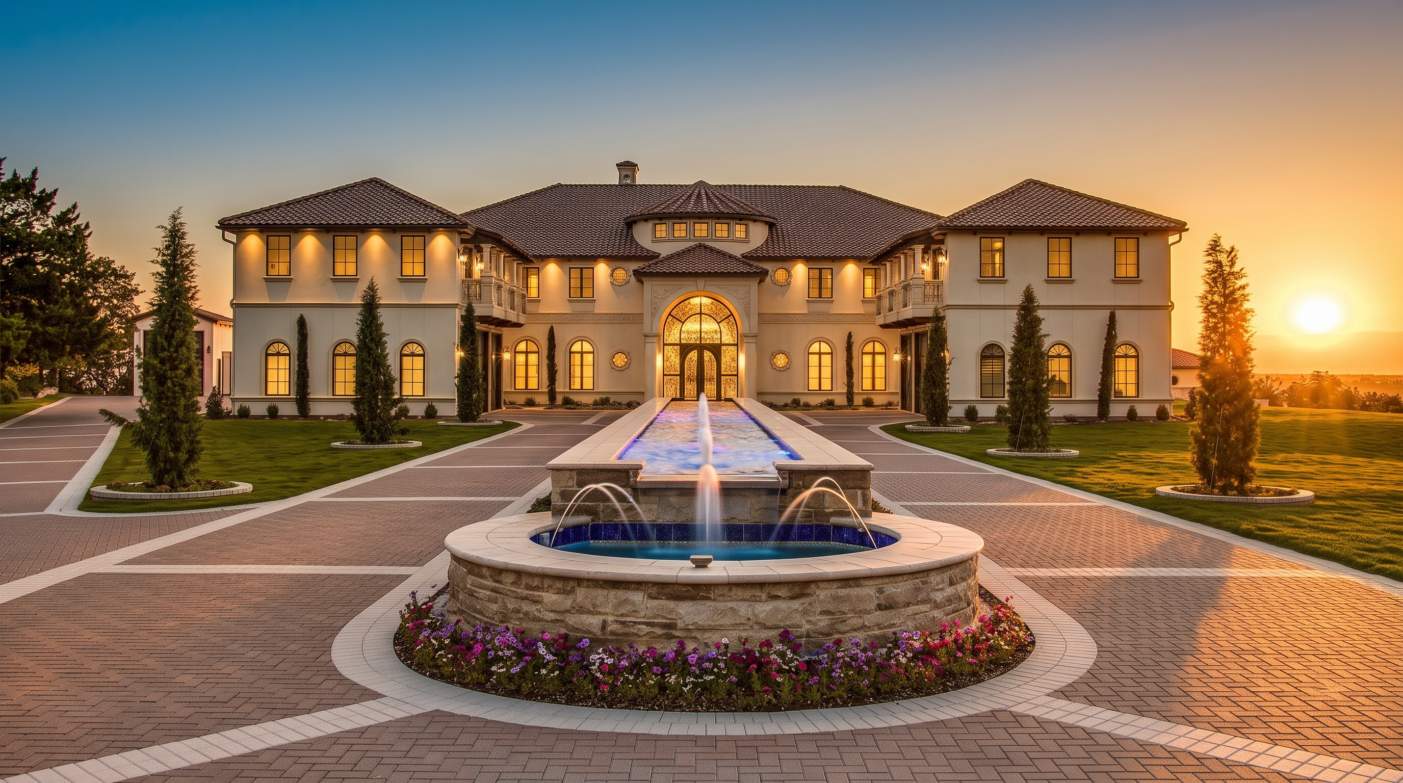 This grand estate features a symmetrical Mediterranean-inspired facade with a prominent central arched entryway and a tiled roof. A long, paved driveway leads directly to a tiered stone fountain that serves as a focal point in the expansive front courtyard. The property is framed by manicured lawns and slender evergreen trees, all captured during the golden hour to highlight the warm exterior lighting.