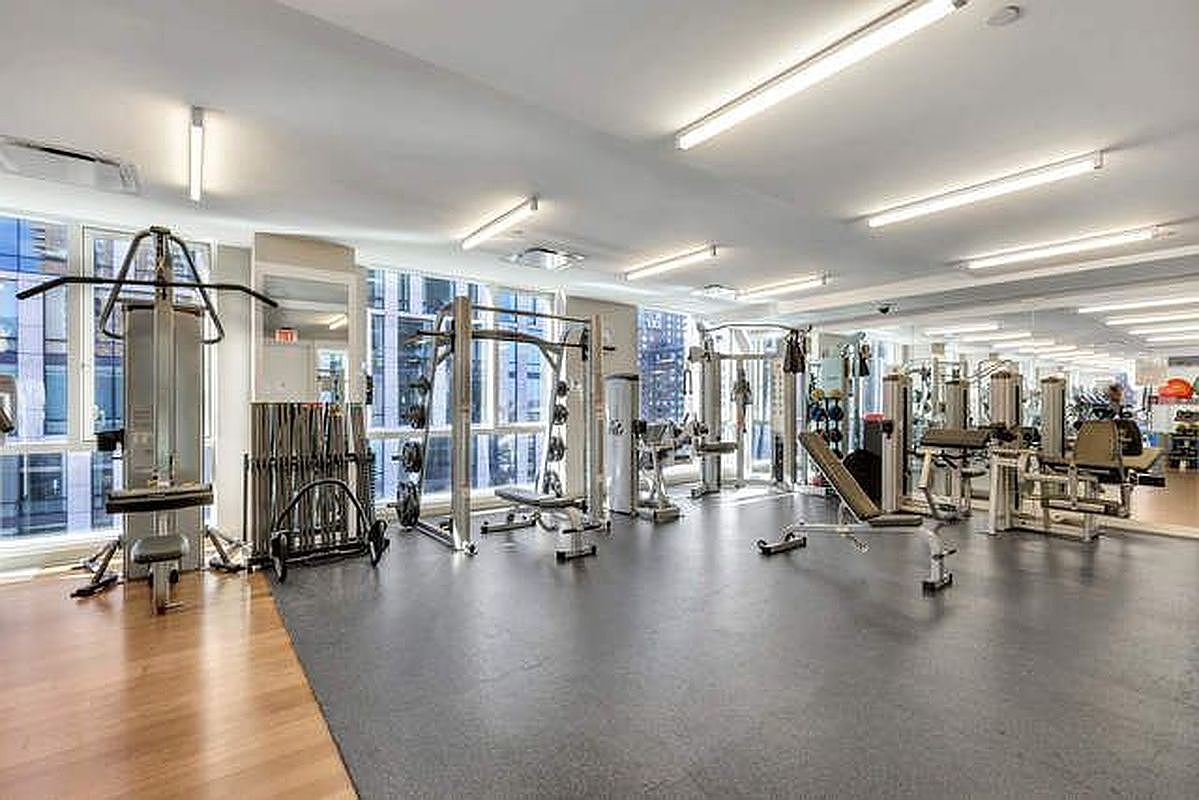 This is a well-equipped home gym featuring various weight machines, free weights, and cardio equipment. The space has a modern feel with large windows providing natural light and views of the city. The flooring is a combination of wood and rubber, creating a functional and aesthetically pleasing workout environment.