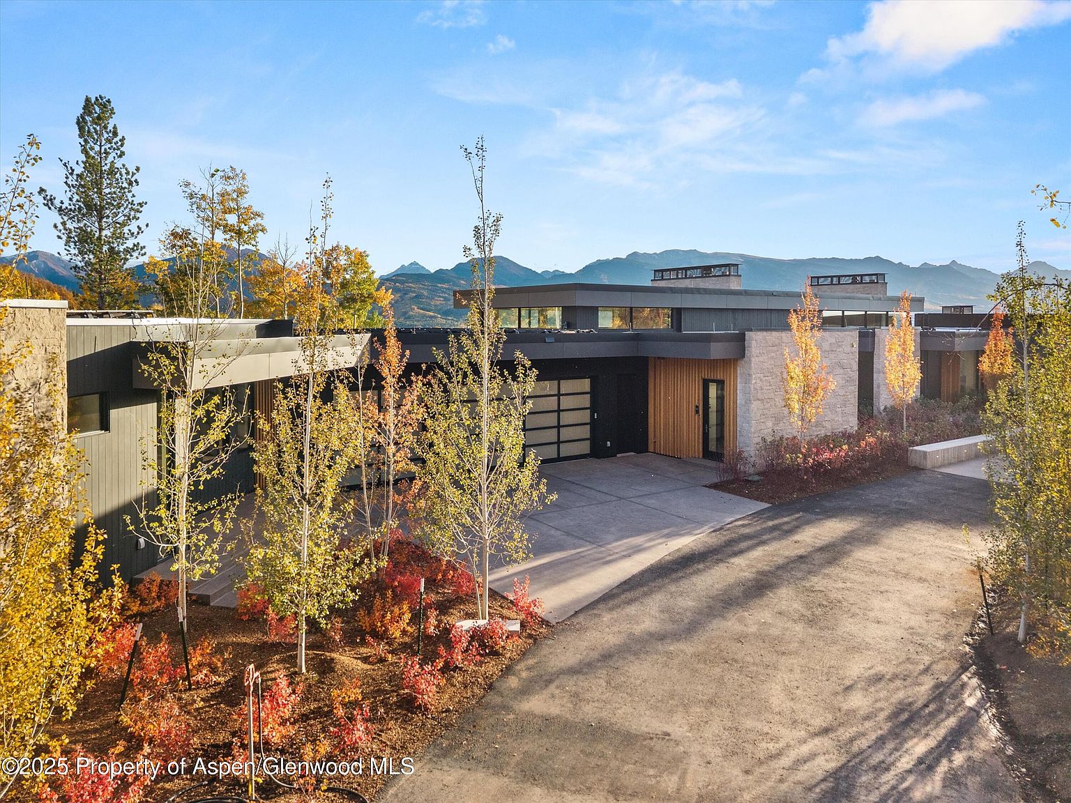 This is a front exterior view of a modern, single-story home with a flat roof and a combination of stone and dark-colored siding. The property features a concrete driveway leading to a garage with a glass door. Landscaping includes young trees with autumn foliage and red ground cover, set against a backdrop of mountains under a blue sky.