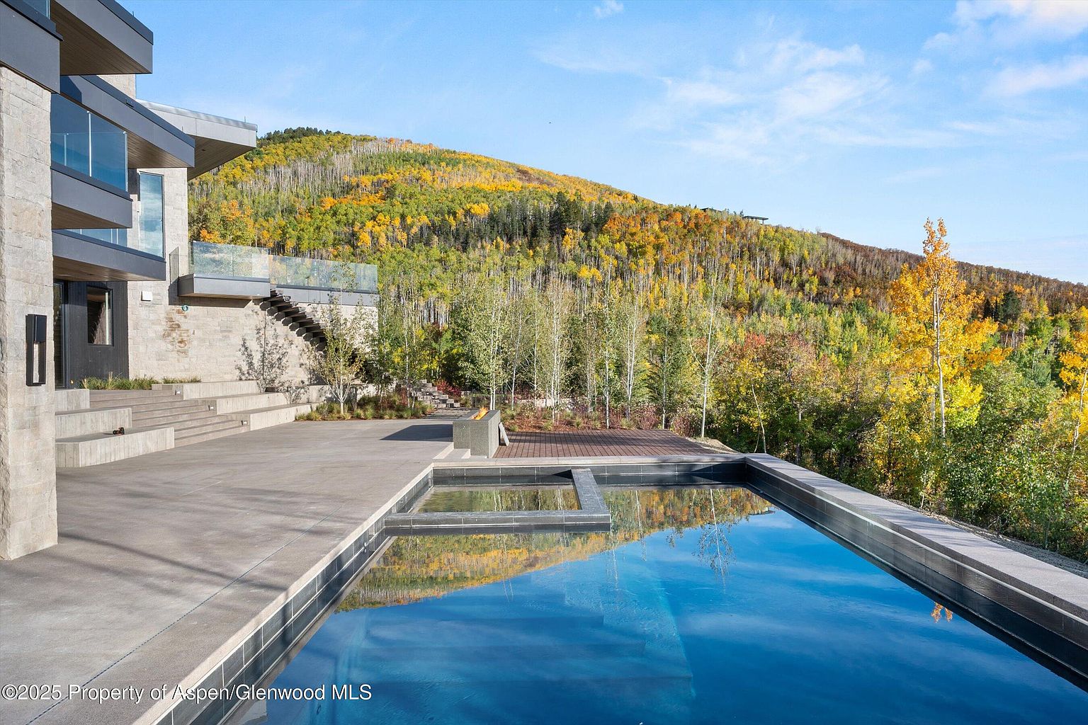 This image showcases a luxurious outdoor pool and spa area, set against a backdrop of a hillside covered in autumn foliage. The pool features a modern design with clean lines and dark tiling, reflecting the sky and surrounding trees. A spacious patio area extends from the pool, offering ample space for relaxation and entertainment, while the architectural design of the adjacent building adds a touch of sophistication.