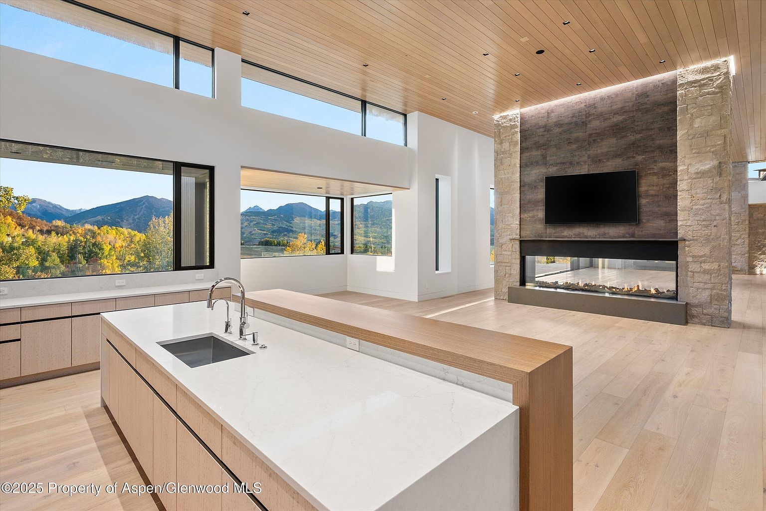 This interior shot showcases a modern kitchen with a large island featuring a sink and ample counter space. The kitchen seamlessly transitions into a living area with a fireplace and a wall-mounted television. Large windows offer stunning views of the surrounding landscape, enhancing the open and airy feel of the space.