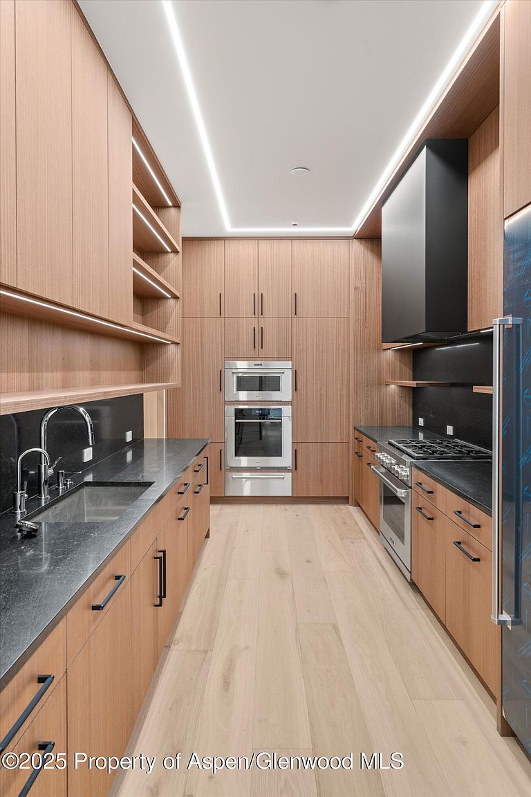 This is a galley-style kitchen with light wood cabinetry and black countertops. Stainless steel appliances are integrated into the design, and the lighting is modern with linear fixtures. The overall impression is sleek and contemporary.
