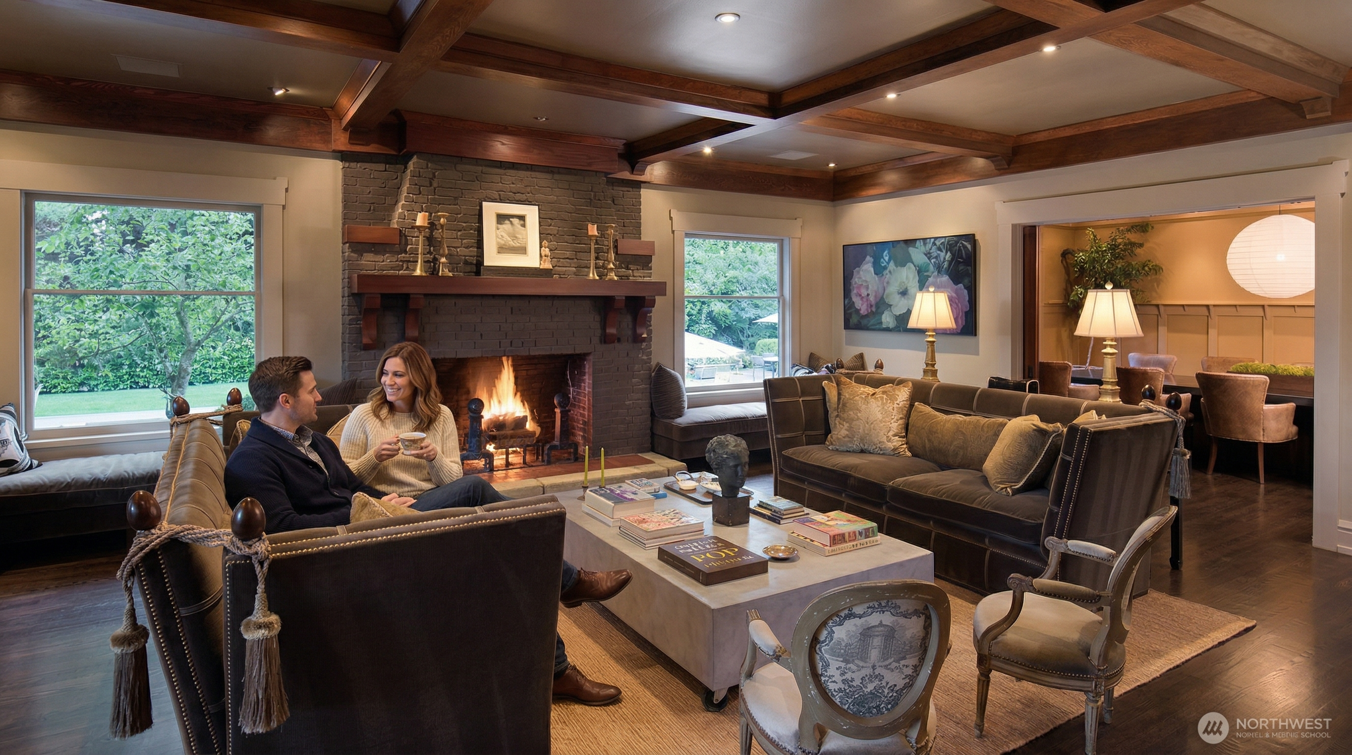 This elegant living room features a dark brick fireplace as its focal point, complemented by rich wood-beamed ceilings and dark hardwood floors. The space is furnished with plush, dark-toned sofas and vintage-style accent chairs arranged around a large, modern concrete coffee table. The warm glow of the fire and soft ambient lighting create a sophisticated and inviting atmosphere, with a glimpse into an adjacent dining area.