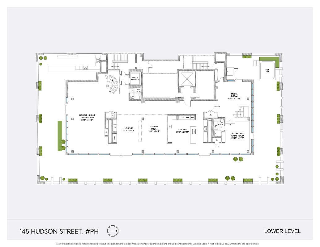 This image is a detailed architectural floor plan for the lower level of a penthouse at 145 Hudson Street. The layout features an expansive open-concept living area including a double-height great room, a lounge, a dining room, and a kitchen, alongside a media room and a bedroom/game room. The plan also highlights functional spaces such as a private elevator, a bathroom, and an outdoor terrace area equipped with a hot tub.