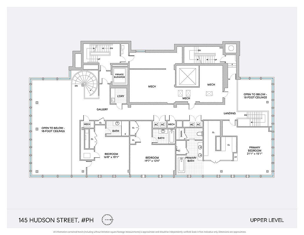 This image is a detailed architectural floor plan for the upper level of a penthouse at 145 Hudson Street. The layout features a primary bedroom with an en-suite bath, two additional bedrooms with private bathrooms, a gallery, a private elevator, and multiple mechanical rooms. The design includes two distinct areas marked as 'open to below' with 18-foot ceilings, indicating a spacious, multi-level configuration.
