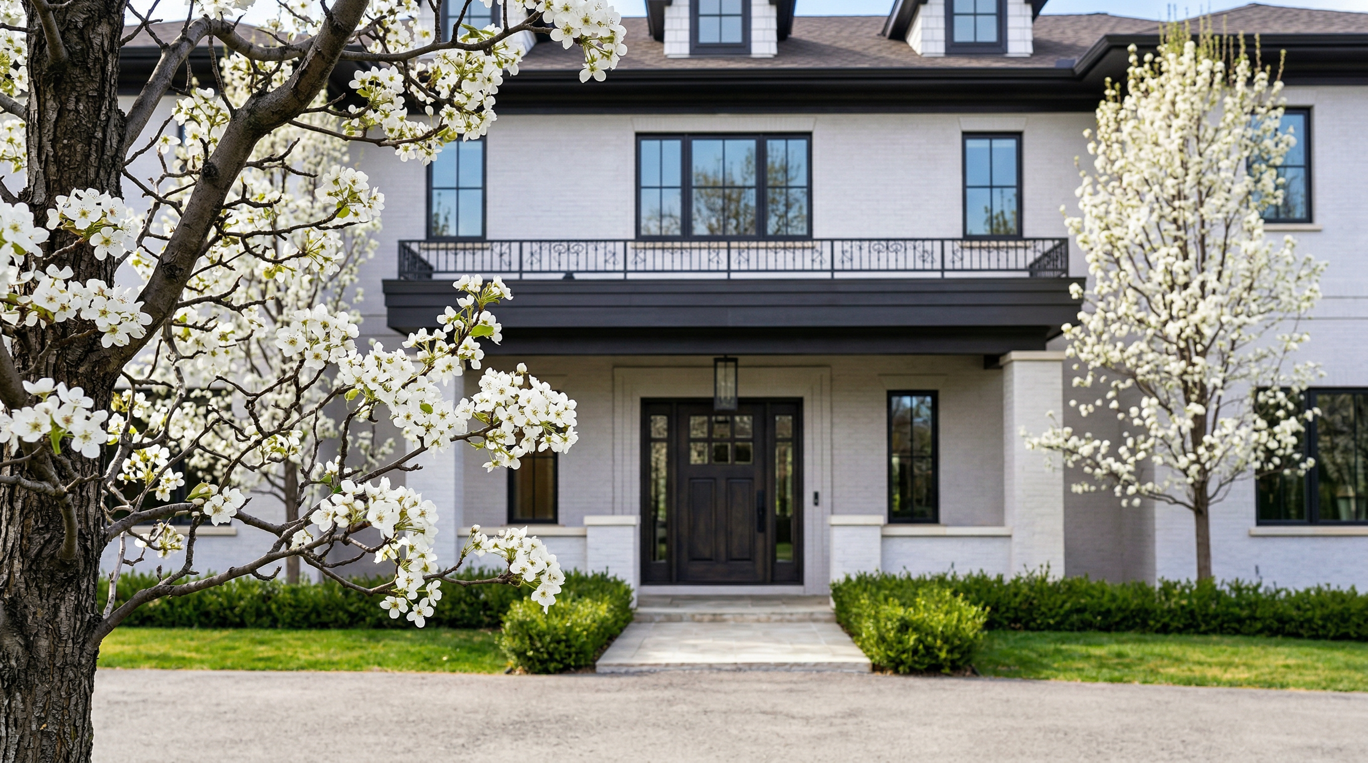 This elegant two-story estate features a sophisticated white brick facade complemented by sharp black trim and window frames. The grand entry is framed by blooming ornamental trees in the foreground, creating a welcoming and picturesque curb appeal. A stone walkway leads to a classic wooden front door, emphasizing the home's refined and luxurious architectural style.