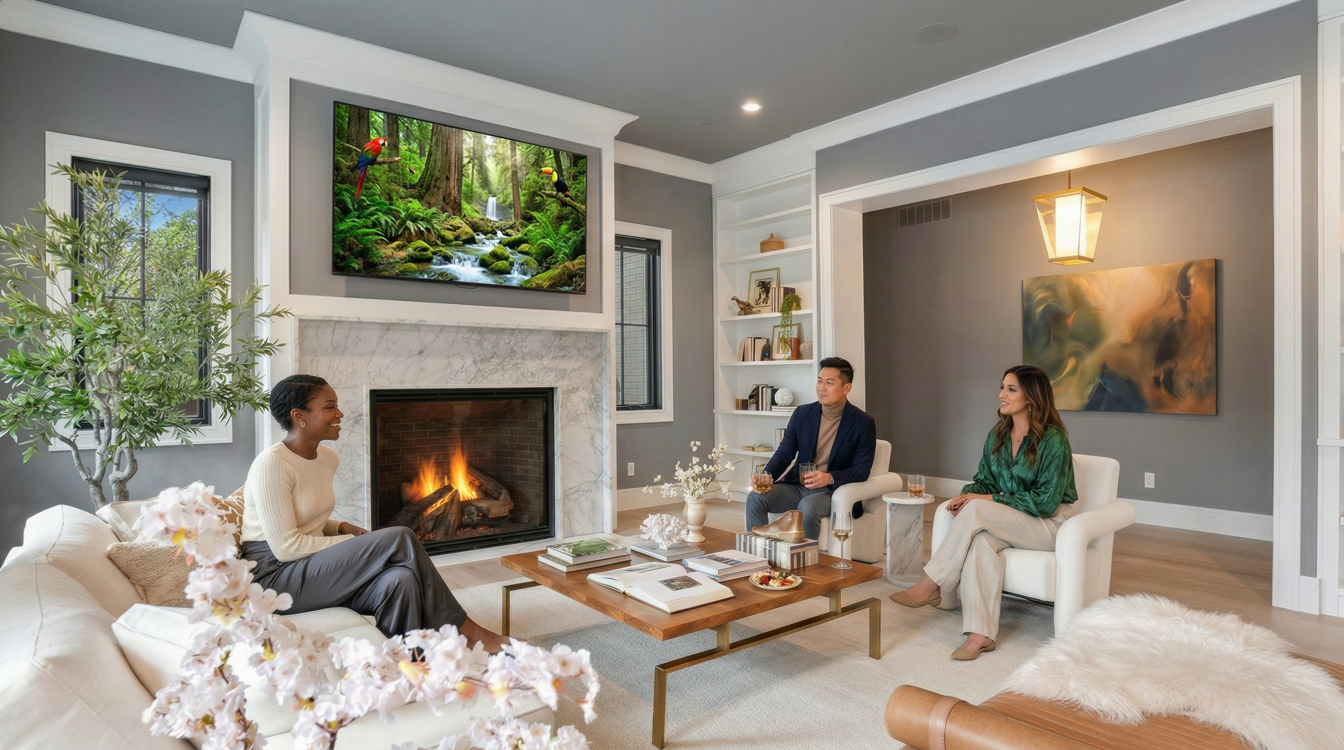 This elegant and inviting living room features a classic marble fireplace with a wall-mounted TV, creating a perfect focal point for relaxation. The space is expertly curated with comfortable contemporary seating, a warm wood coffee table, and soft ambient lighting, offering a sophisticated seating area for guests. Large windows and built-in shelving enhance the room's airy and upscale aesthetic.