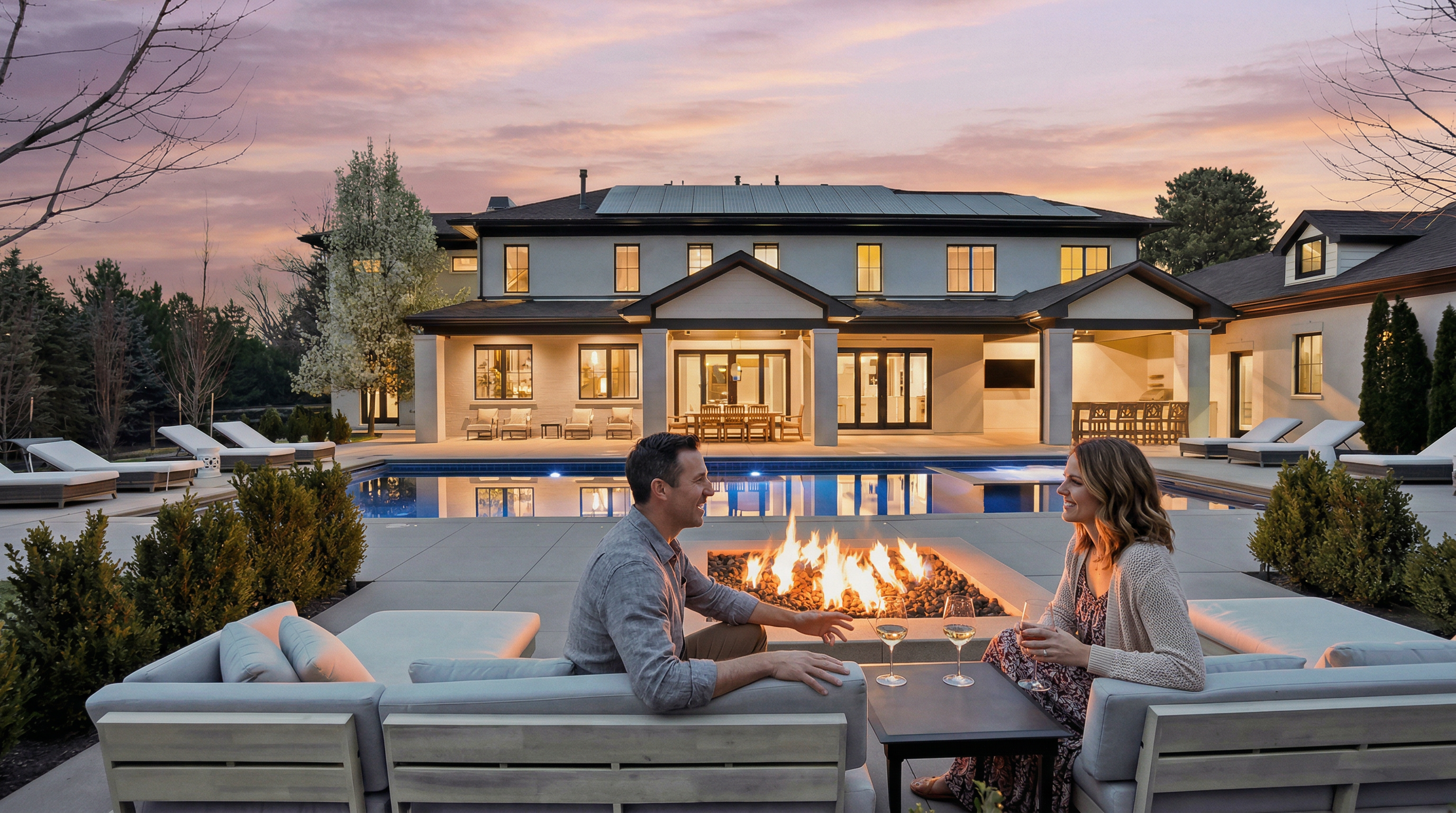 This stunning rear exterior view features a modern luxury home with solar panels, a sprawling patio, and an infinity-edge swimming pool. A couple relaxes near a large fire pit, emphasizing the home's exceptional outdoor living and entertainment spaces. The dusk lighting and immaculate landscaping create a sophisticated, inviting atmosphere perfect for high-end residential listings.