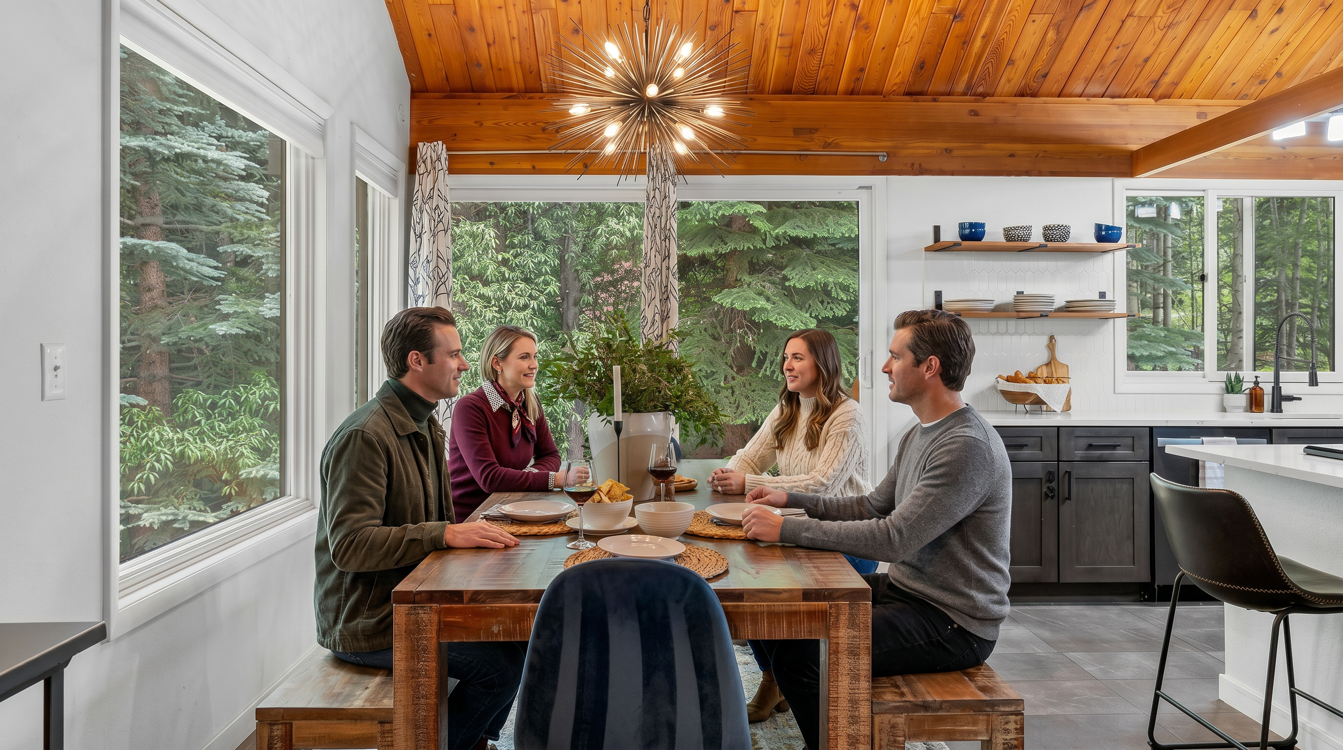 This inviting dining area features a rustic wooden table paired with a bench and a modern blue velvet chair, all illuminated by a striking starburst chandelier. The space is framed by large windows and a sliding glass door that offer a serene view of the surrounding forest, creating a seamless connection between the interior and nature. The room is accented by a vaulted wood-paneled ceiling and opens directly into a contemporary kitchen with dark cabinetry and white countertops.