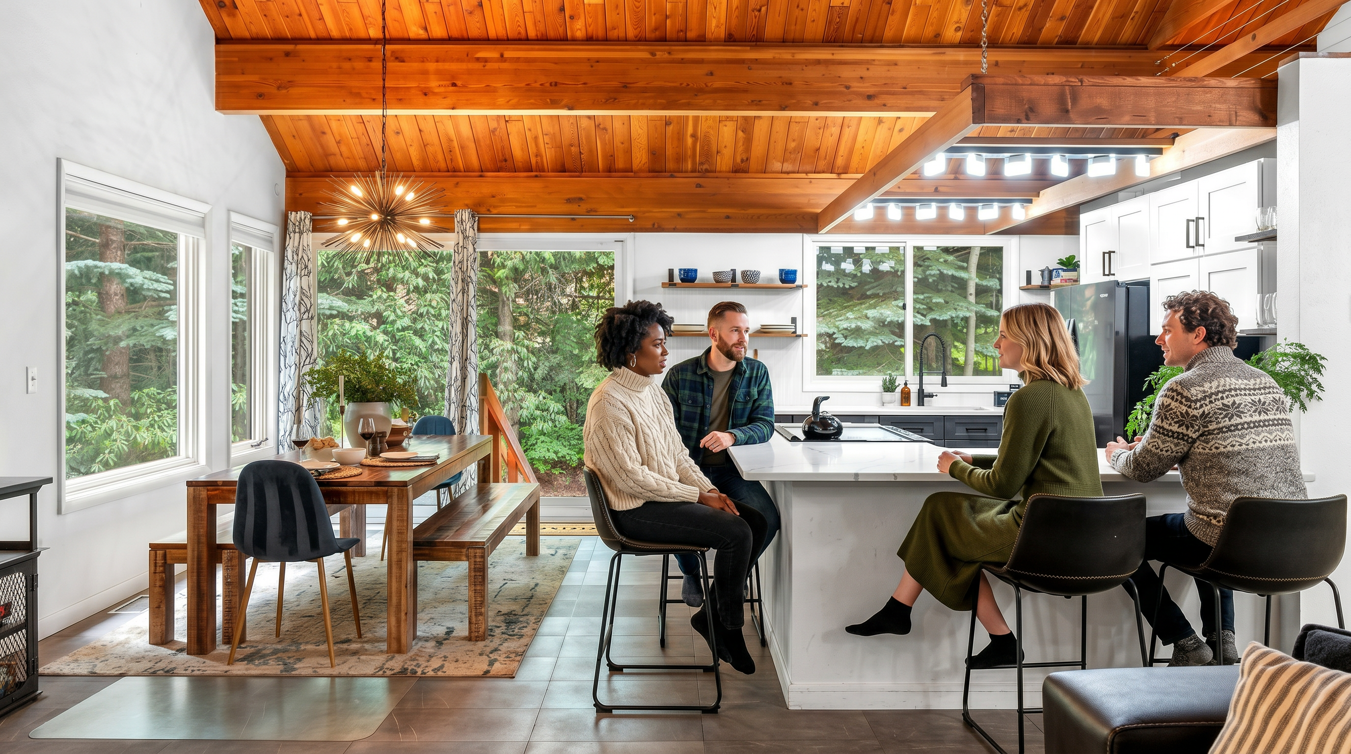 This open-concept kitchen and dining area features a striking vaulted wood-paneled ceiling with exposed beams and a modern starburst chandelier. The kitchen is equipped with a large white quartz island, dark lower cabinetry, and sleek black bar stools, while the adjacent dining space offers a rustic wooden table and bench seating. Large windows and a sliding glass door provide ample natural light and a seamless connection to the lush, wooded exterior.