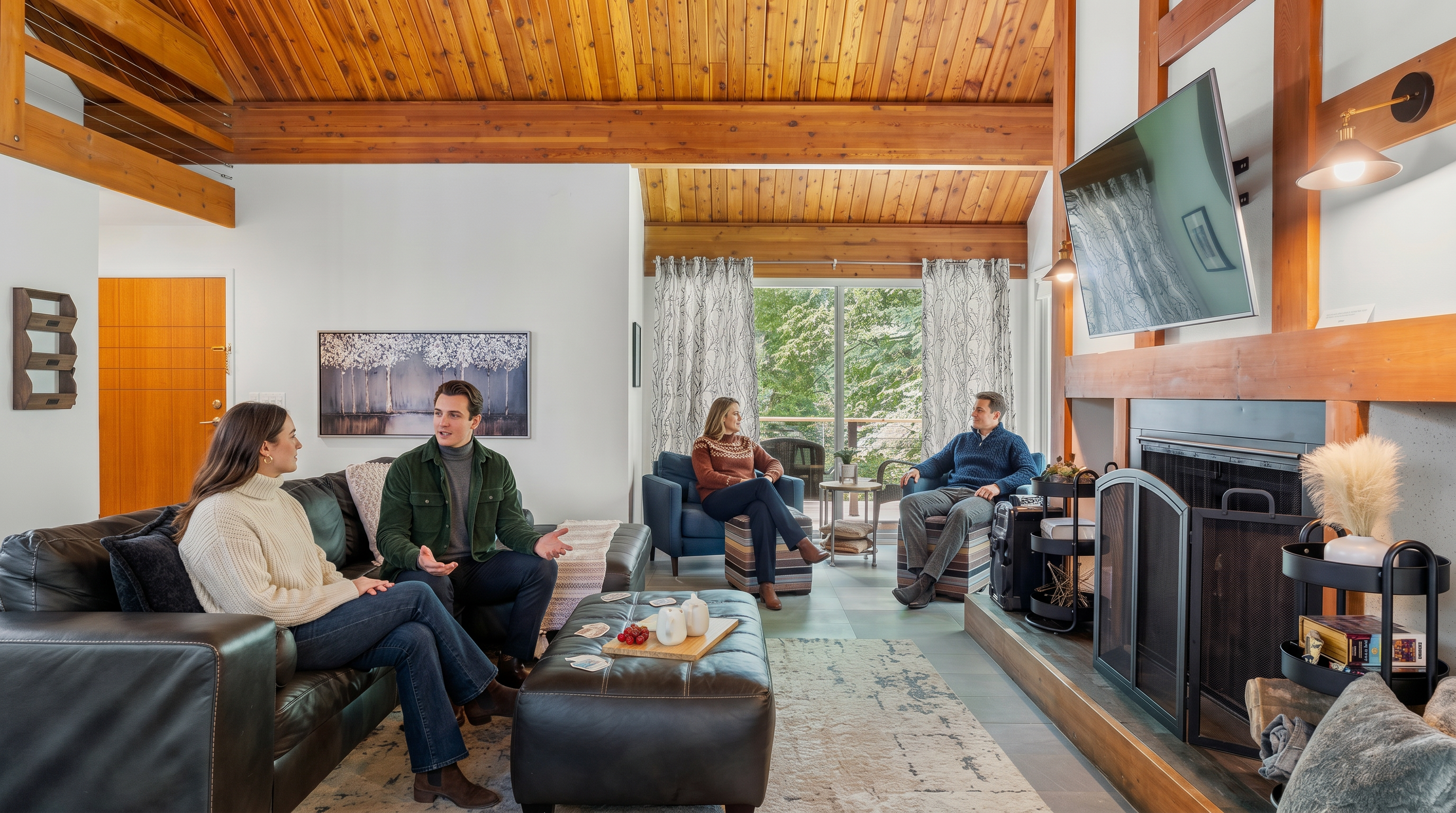 This inviting living room features a high, vaulted wood-paneled ceiling and a cozy fireplace, creating a warm, rustic-modern atmosphere. The space is furnished with a large dark leather sectional, a matching ottoman, and two blue armchairs, all arranged around a textured area rug. Large windows and a sliding glass door provide ample natural light and a view of the lush greenery outside, enhancing the room's airy and comfortable feel.