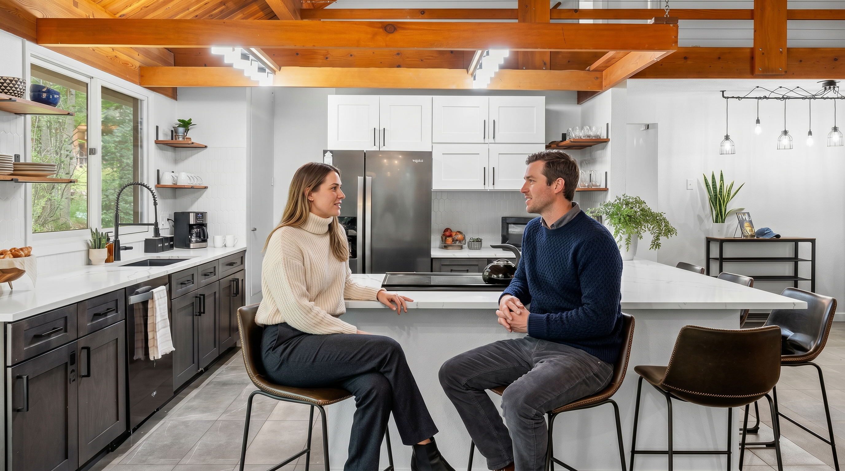 This modern, open-concept kitchen features a striking contrast between dark lower cabinetry and crisp white upper cabinets, complemented by a large white quartz island with bar seating. The space is defined by its vaulted wood-beamed ceiling, which adds a rustic, warm aesthetic to the contemporary design. A large window above the sink brings in natural light, while the overall layout creates an inviting and functional space for cooking and entertaining.