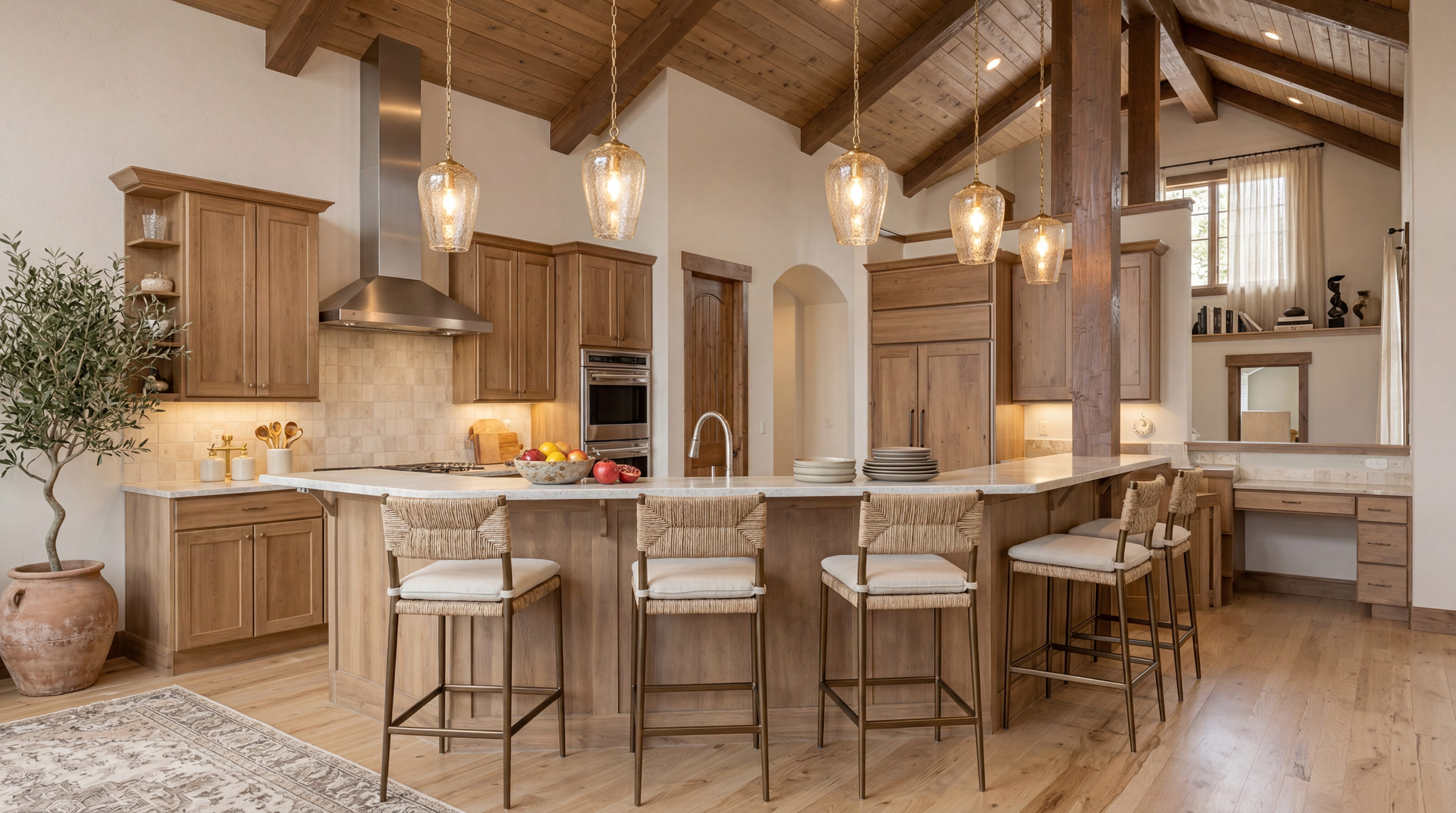 This spacious, rustic-modern kitchen features light wood cabinetry, a large island with a marble countertop, and woven bar stools. The room is accented by exposed wooden beams, high vaulted ceilings, and elegant pendant lighting, creating a warm and inviting atmosphere. The open-concept layout seamlessly integrates the kitchen with a desk area and dining space, making it ideal for both cooking and entertaining.