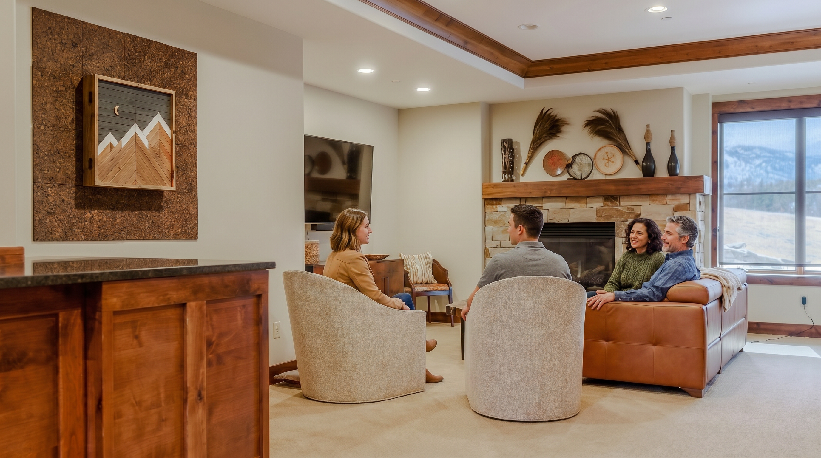 This spacious, multi-functional basement features a cozy living area with a stone fireplace, a leather sofa, and two plush armchairs, all centered around a television. To the left, a custom wooden bar with a dark countertop provides an ideal space for entertaining, while a shuffleboard table on the right adds a recreational element. The room is bathed in warm recessed lighting and offers a scenic view of the snowy landscape through a large window, creating a comfortable and inviting atmosphere.