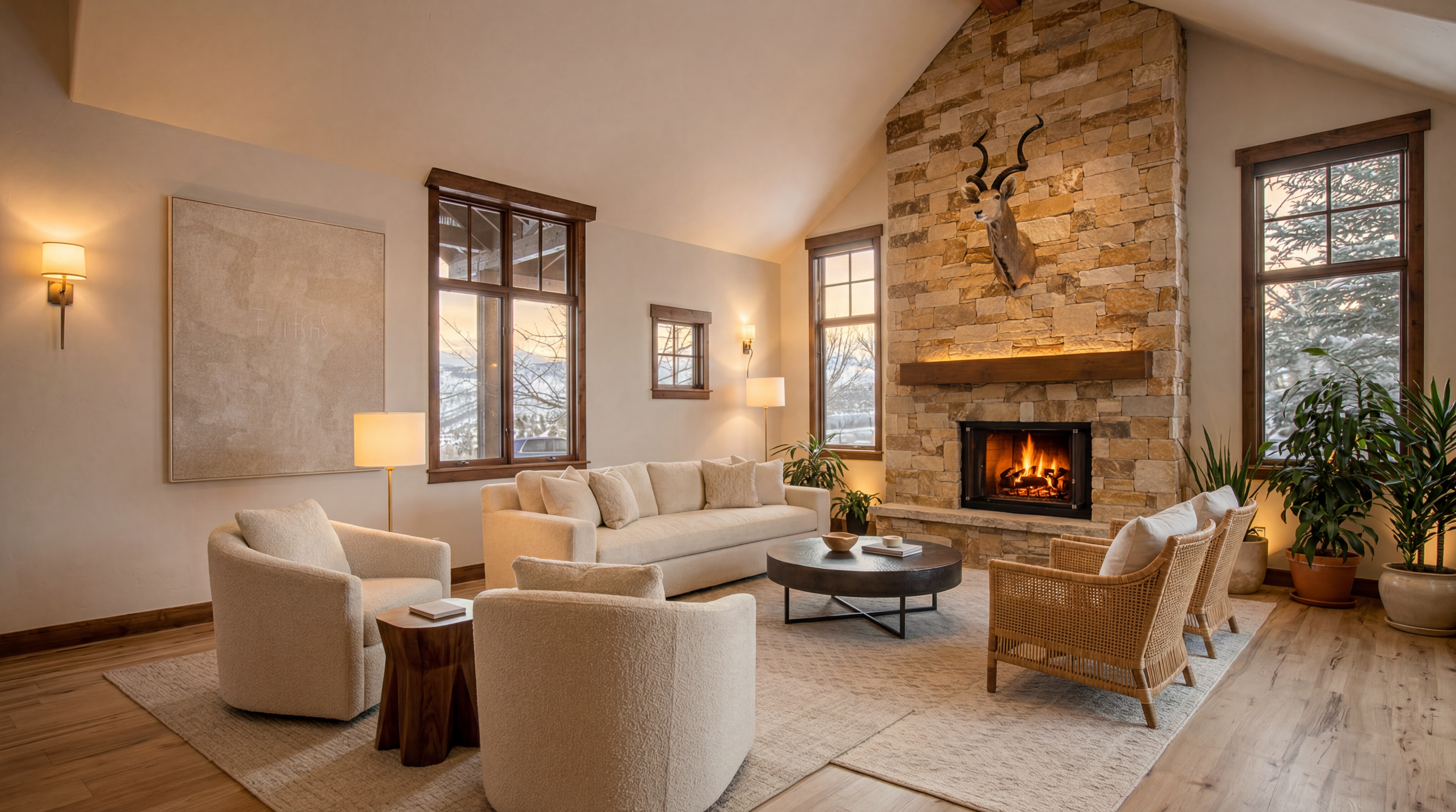 This spacious living room features a vaulted ceiling and a striking floor-to-ceiling stone fireplace as its focal point, complete with a rustic wooden mantel and a mounted animal bust. The room is furnished with a neutral-toned sofa, two plush swivel chairs, and a woven armchair, all arranged on a large area rug over light hardwood floors. Large windows allow for ample natural light, creating an inviting and warm atmosphere perfect for a mountain-style home.