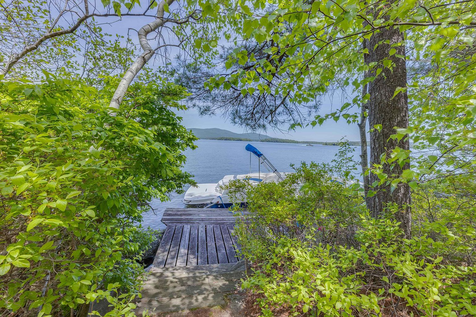 This scenic view captures a wooden dock leading directly into a calm, expansive lake framed by lush green trees and foliage. A white motorboat with a blue canopy is moored at the end of the dock, creating a peaceful waterfront atmosphere. The perspective is from a slightly elevated position looking down through the trees, emphasizing the private and tranquil nature of the property's lake access.