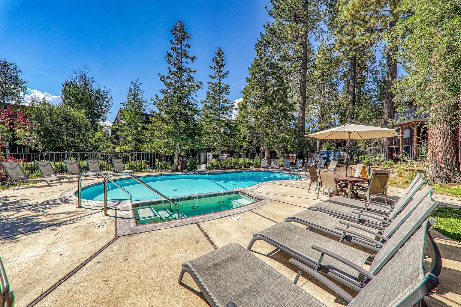 This outdoor community amenity features a swimming pool and an adjacent spa, surrounded by a concrete deck furnished with numerous lounge chairs. Tall pine trees frame the area, providing a natural backdrop, while a large umbrella shades a small dining set near the water. The perspective is from the pool deck, looking across the water toward the surrounding trees and residential buildings.