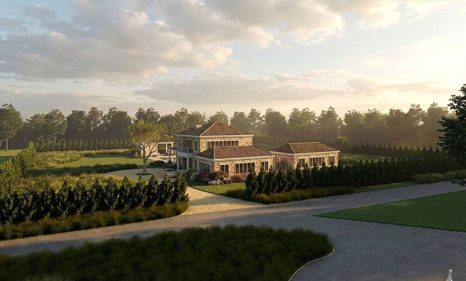 This elevated perspective captures a sprawling estate featuring a multi-level stone residence with a classic Mediterranean-inspired tile roof. The property is surrounded by lush, manicured landscaping, mature trees, and a gravel driveway that leads to the main entrance. The cinematic composition highlights the harmonious blend of traditional stone architecture and the expansive, serene natural environment.