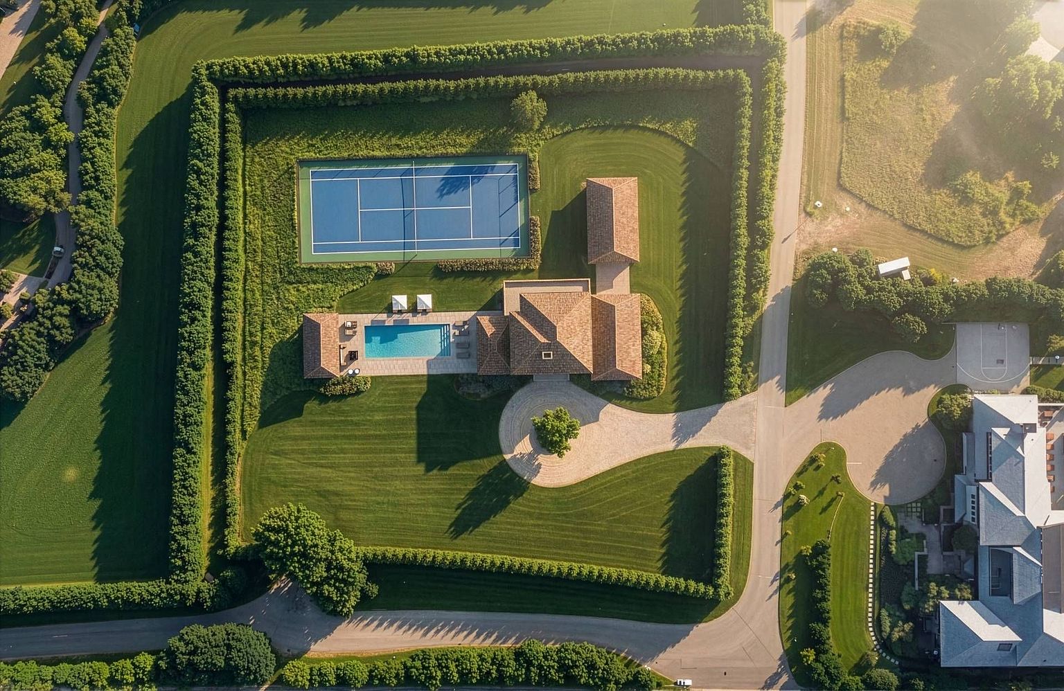 This high-angle aerial view captures a sprawling estate featuring a central residence with a tiled roof, a private swimming pool, and a dedicated tennis court. The property is meticulously landscaped with manicured lawns and dense, uniform hedges that define the perimeter, creating a sense of privacy and luxury. A circular driveway leads to the main entrance, while the surrounding grounds include additional paved areas and mature trees, emphasizing the expansive and well-maintained nature of the estate.