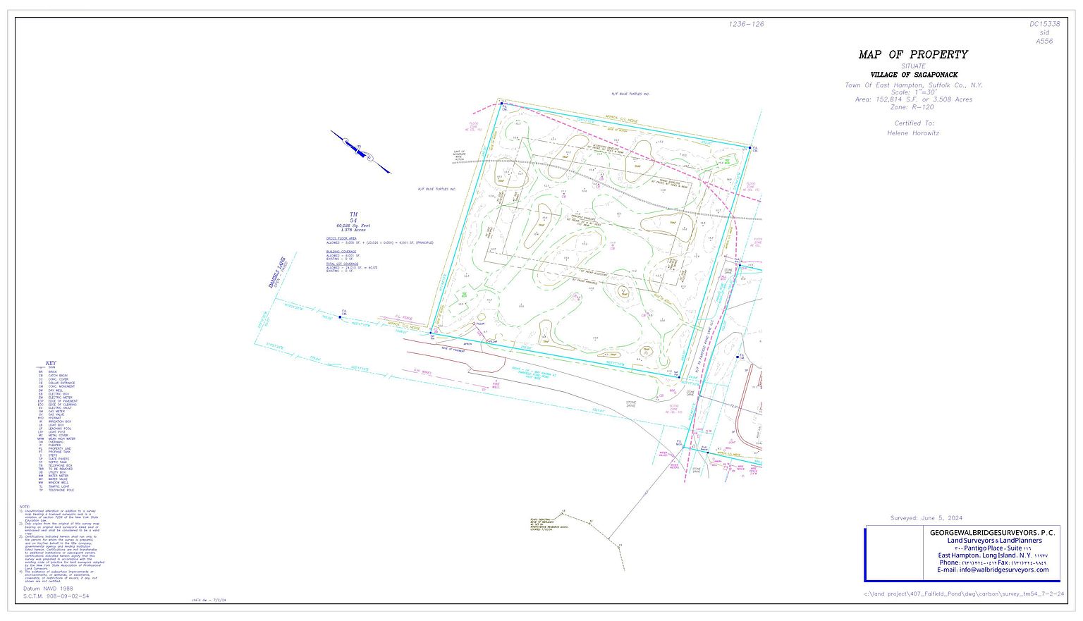 This image is a detailed land survey map of a property located in the Village of Sagaponack, New York. It provides a technical top-down view of the lot, including property boundaries, building coverage areas, and topographical information. The document serves as a formal record of the land's dimensions and zoning specifications.