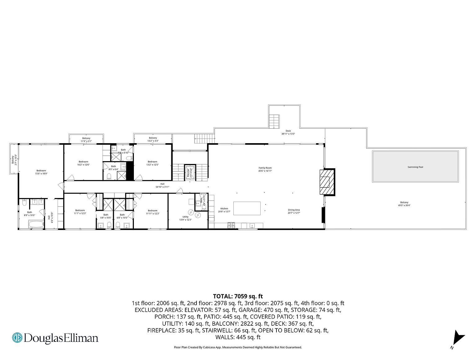 This image is a detailed architectural floor plan illustrating the layout of a multi-bedroom residential property. The plan features a spacious open-concept living, dining, and kitchen area, multiple bedrooms with en-suite bathrooms, and extensive outdoor balcony and deck spaces, including a swimming pool. The diagram provides precise dimensions for each room and includes a comprehensive summary of total square footage and excluded areas.