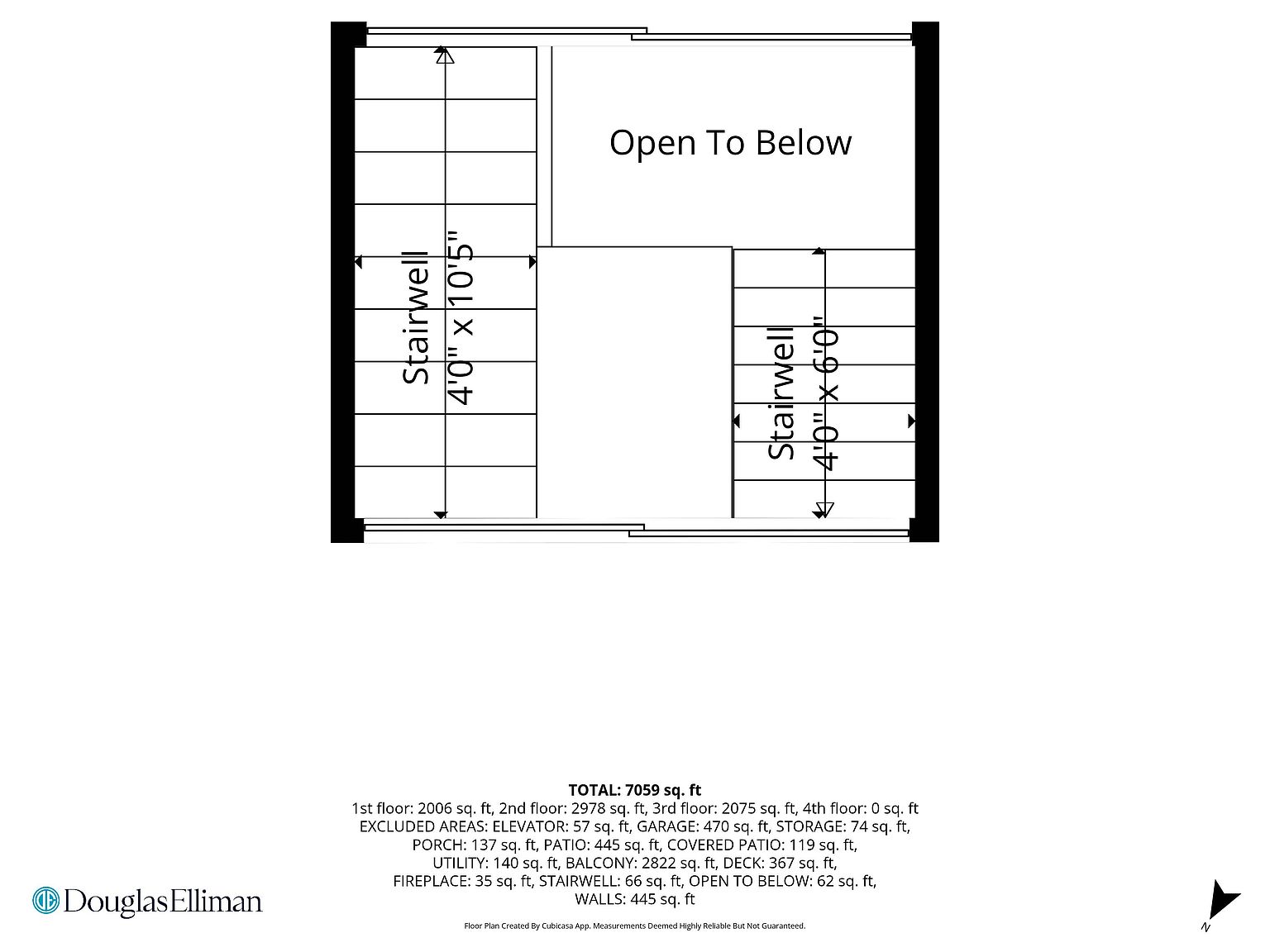 This image is a technical floor plan diagram illustrating the layout of a stairwell area and an open-to-below void. The schematic includes precise measurements for two stairwell sections and provides a comprehensive breakdown of the property's total square footage and excluded areas. The layout is presented in a clean, black-and-white architectural style typical of real estate documentation.