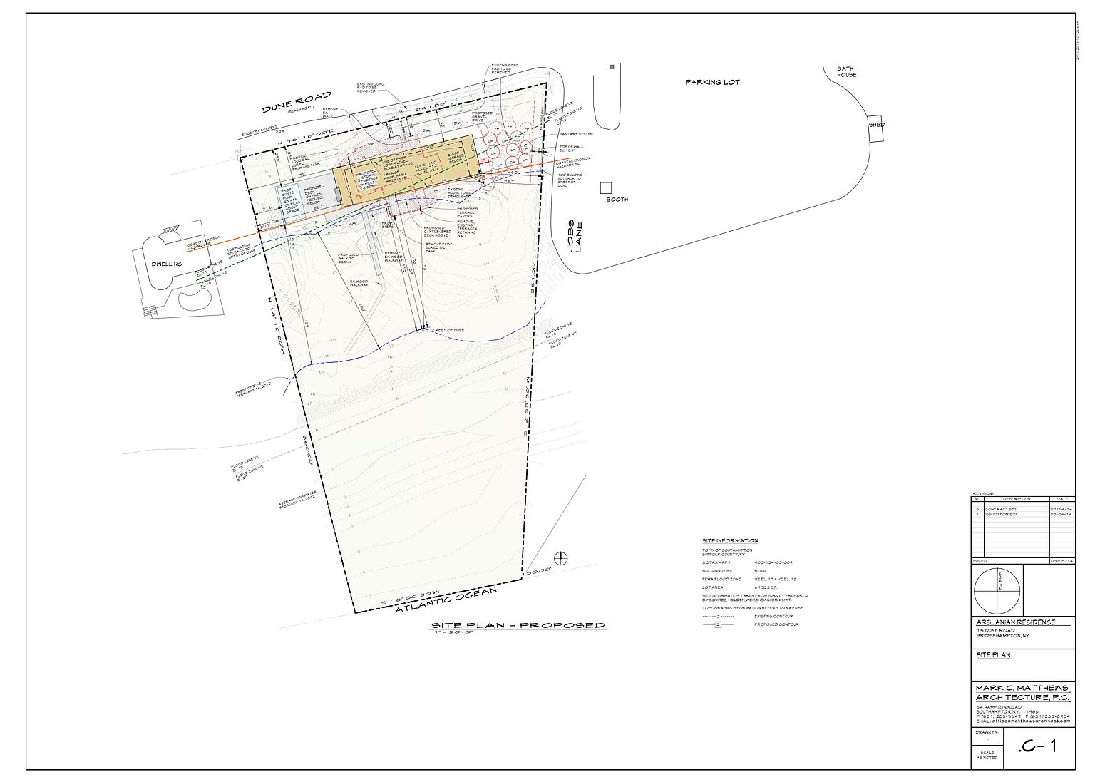 This image is a detailed architectural site plan for a residential property located at 15 Dune Road in Bridgehampton, NY. The technical drawing illustrates the proposed layout of the residence, including the building footprint, driveway, pool, and surrounding landscape features relative to the Atlantic Ocean. It provides essential site information such as flood zones, lot area, and topographical contours, serving as a formal planning document for the property's development.