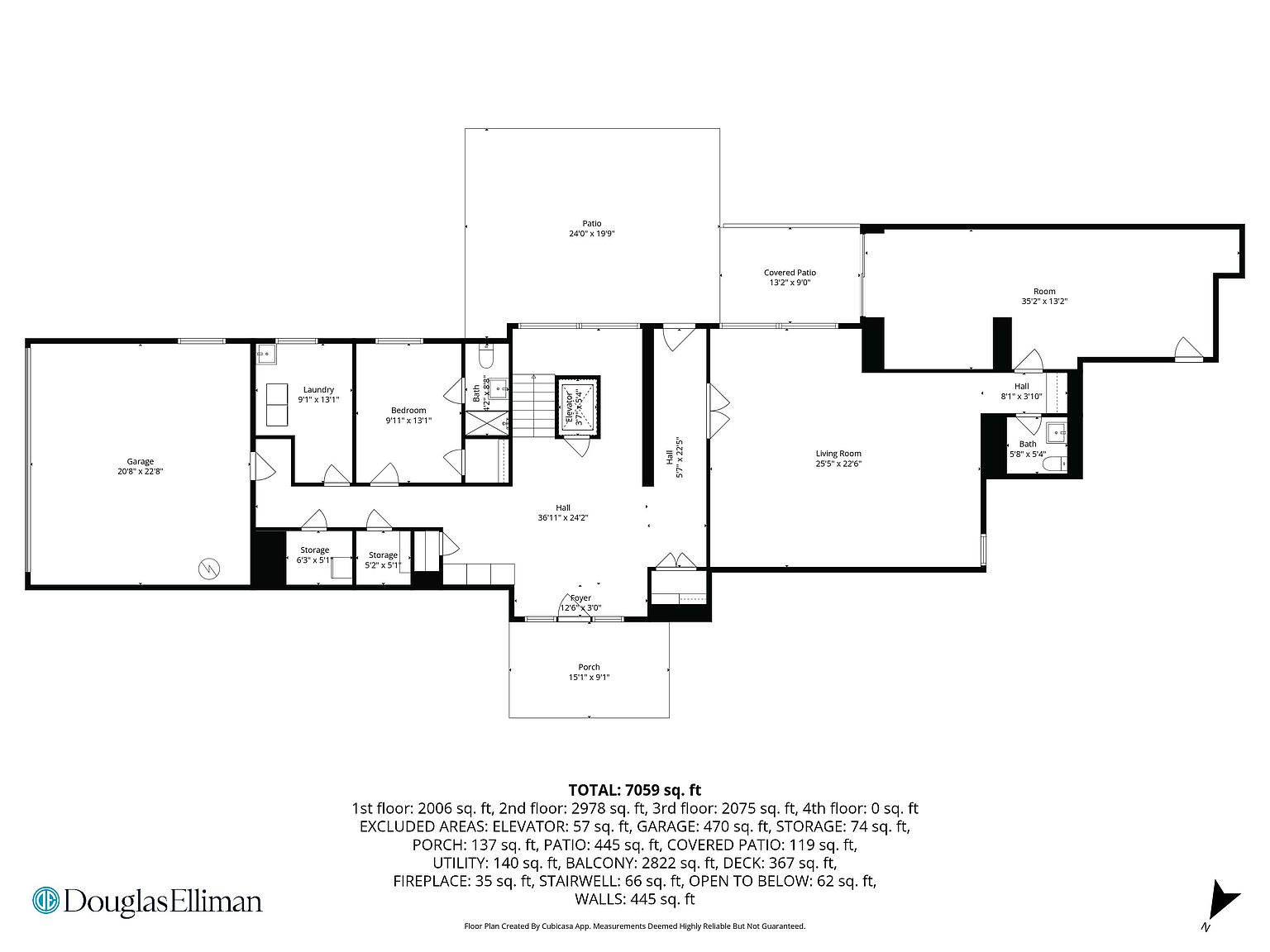 This image is a detailed 2D architectural floor plan illustrating the layout of a residential property. It features a garage, laundry room, bedroom, multiple bathrooms, a spacious living room, and various storage areas, all connected by a central hall. The plan also highlights outdoor spaces including a porch, a patio, and a covered patio, with total square footage and area breakdowns provided at the bottom.