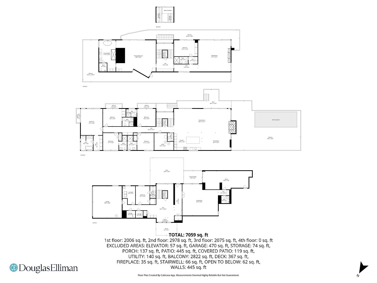 This image displays a comprehensive architectural floor plan for a multi-level residential property, detailing the layout of the first, second, and third floors. The schematic includes precise room dimensions, the placement of bedrooms, bathrooms, living areas, and outdoor spaces like balconies and a swimming pool. It provides a clear, technical overview of the home's spatial organization and total square footage, serving as a valuable reference for potential buyers.