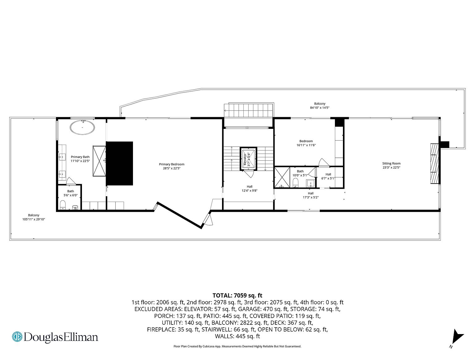 This image is a detailed architectural floor plan illustrating the layout of a residential level, featuring a primary bedroom, a sitting room, multiple bathrooms, and expansive balcony spaces. The diagram includes precise room dimensions, the placement of an elevator, and a comprehensive breakdown of total square footage and excluded areas. The layout is presented in a clean, technical black-and-white schematic format suitable for real estate documentation.
