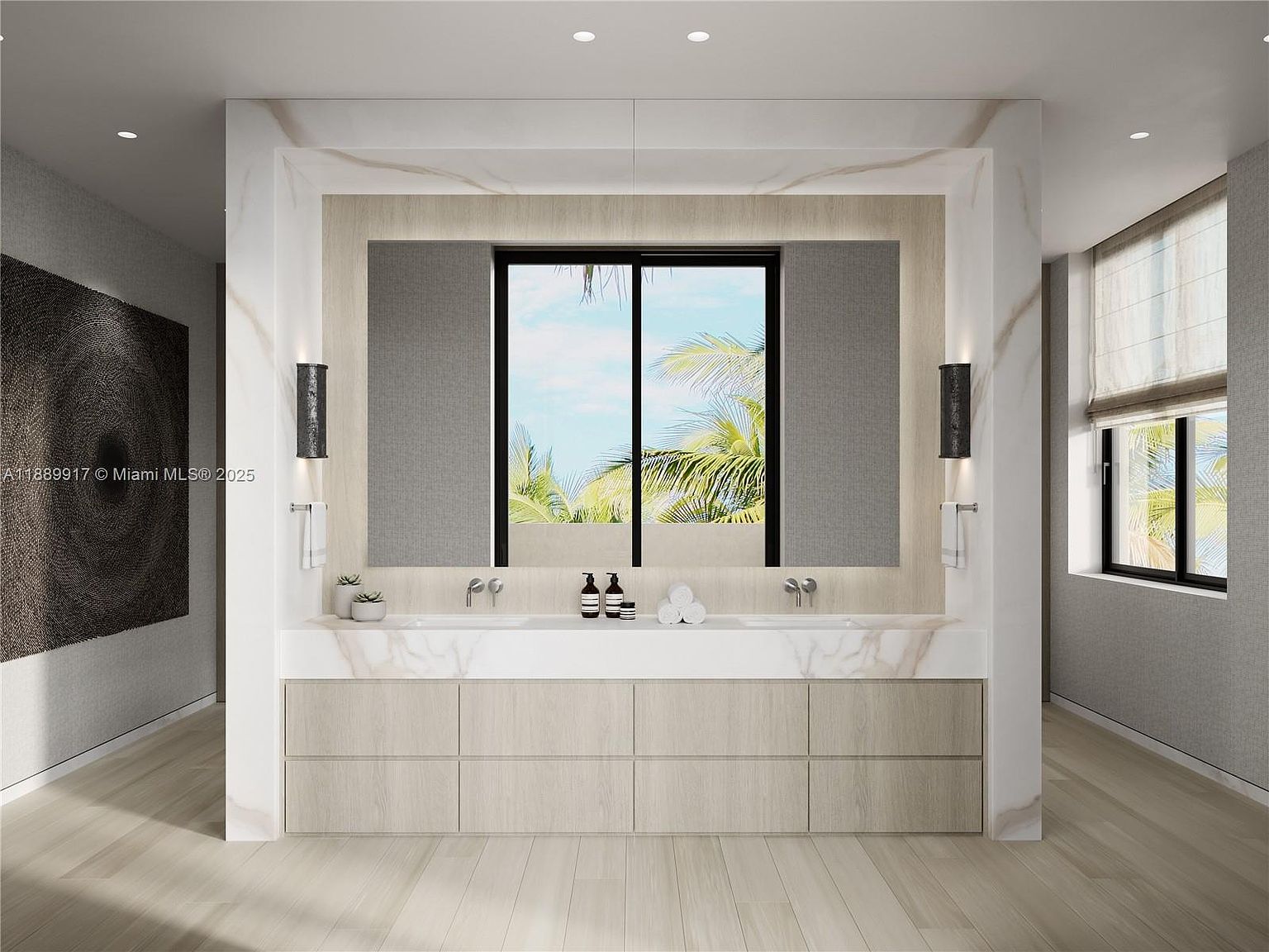 This is a modern primary bathroom featuring a double vanity with a marble countertop and light wood cabinetry. A large window provides natural light and a view of palm trees, while sconces flank the vanity for additional illumination. The overall design is clean, luxurious, and spa-like, creating a relaxing atmosphere.